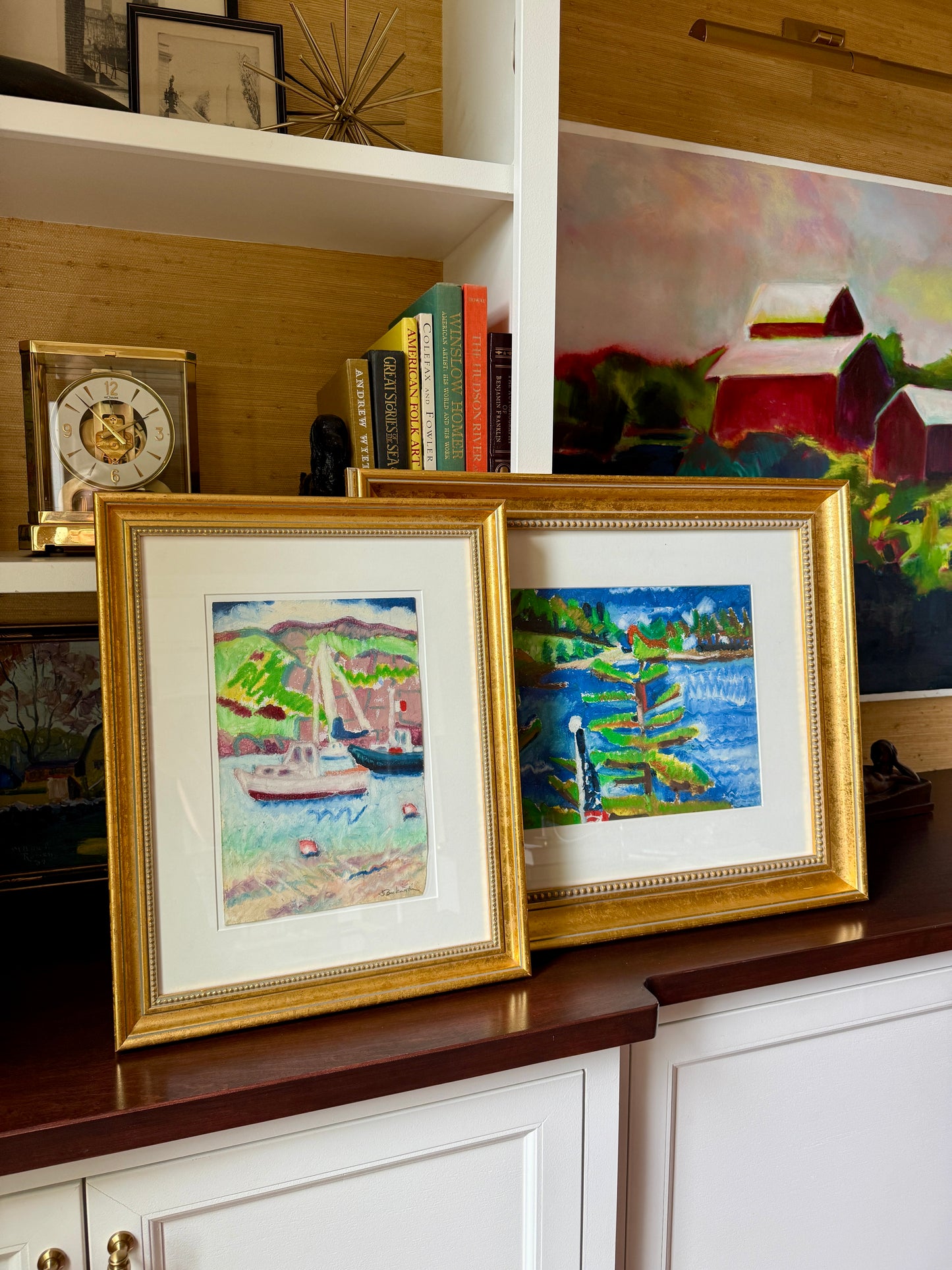 Deborah Beckwith Winship Rockport Garden Abstracted Coastal Landscape with American Flag Oil Painting in Gold Frame