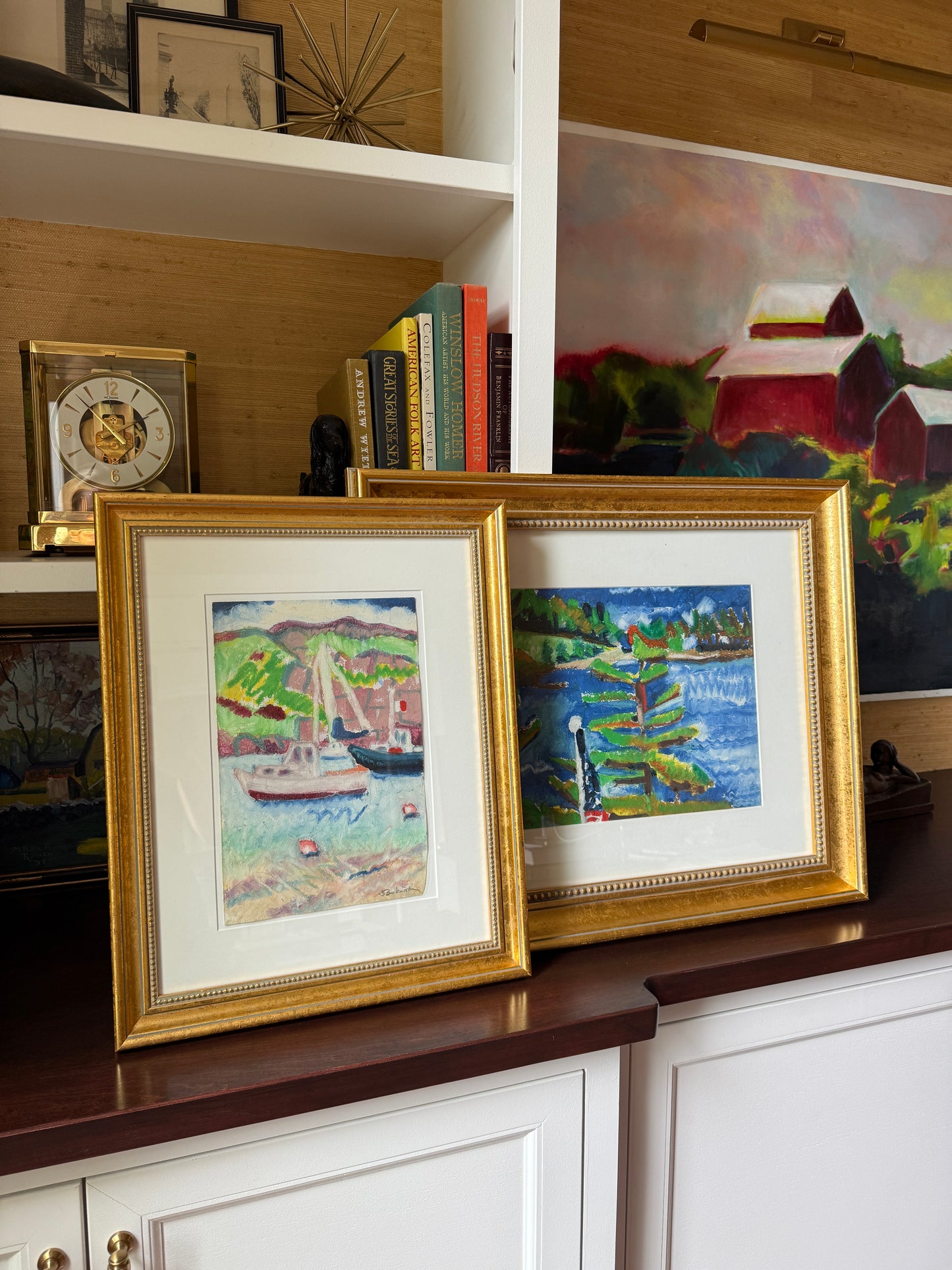 Deborah Beckwith Winship Monhegan Harbor Maine Abstracted Seascape with Sailboat Oil in Gold Frame