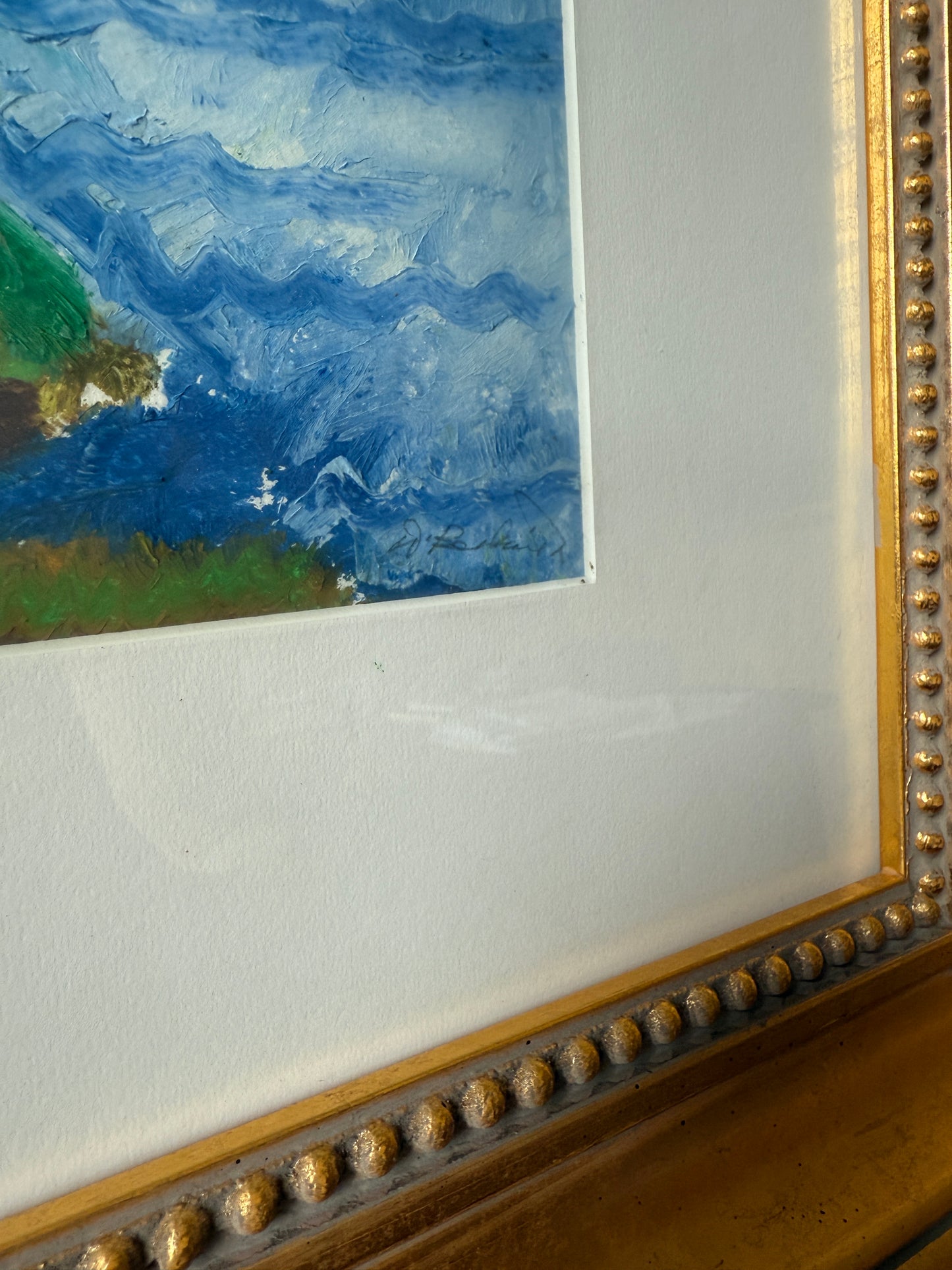Deborah Beckwith Winship Rockport Garden Abstracted Coastal Landscape with American Flag Oil Painting in Gold Frame