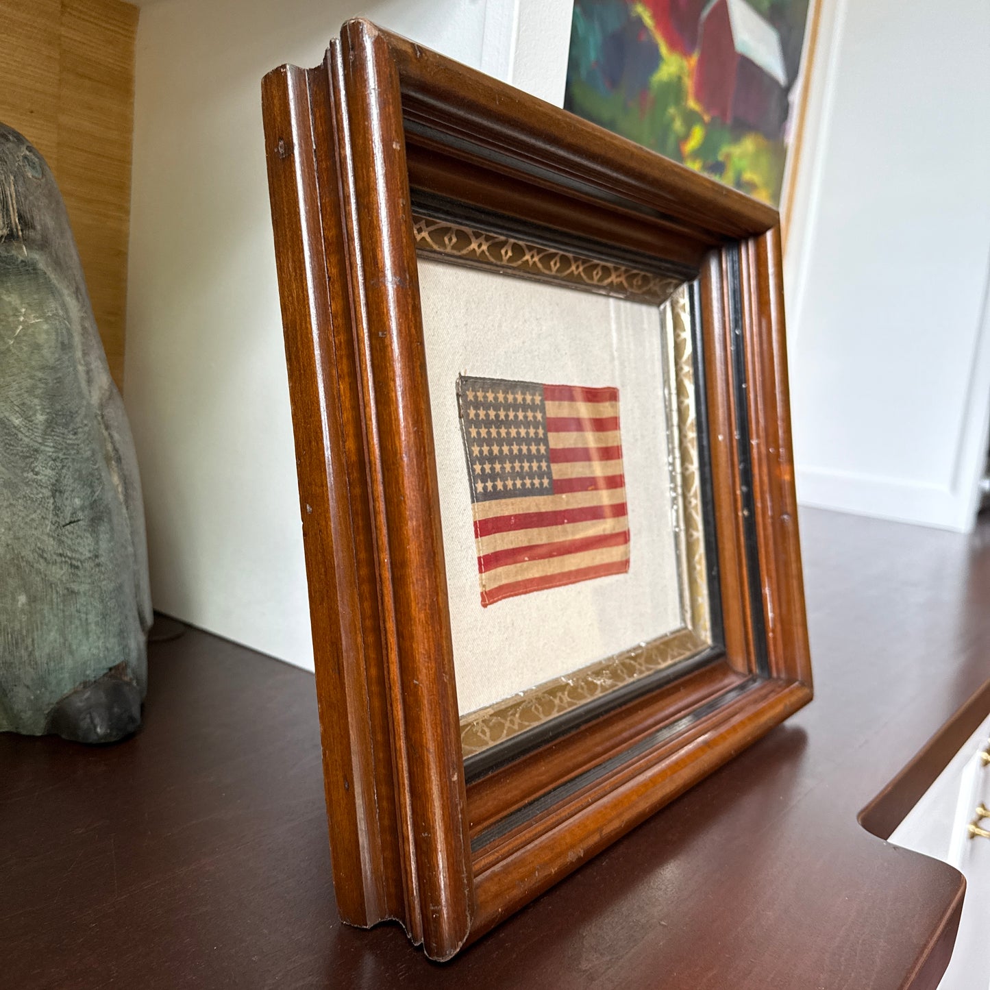 Old 48 Star American Parade Flag on Natural Twill in 19th Deep Wood Frame