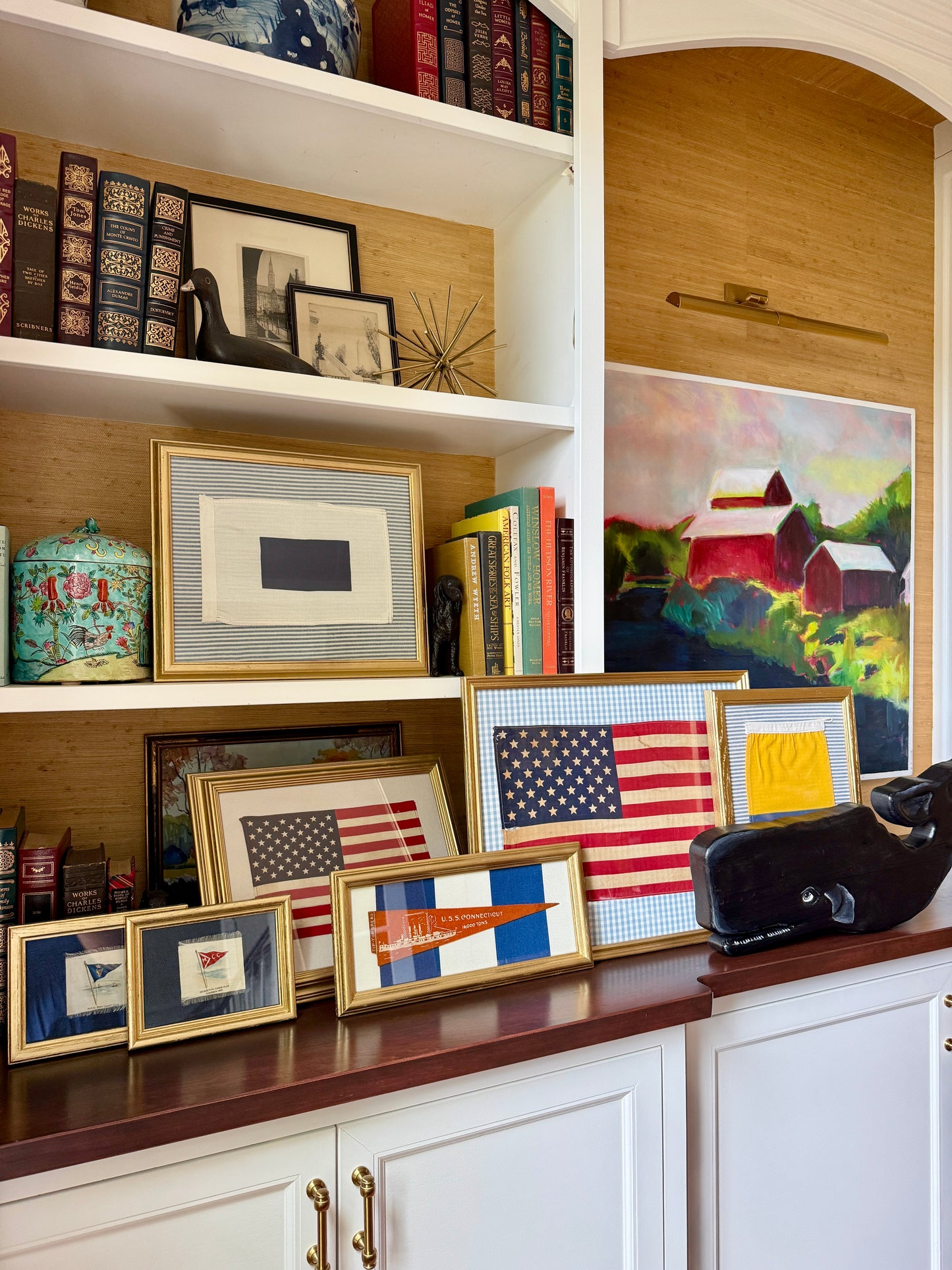 Early 20th Century U.S.S. Connecticut Naval Ship Wool Pennant on Blue Awning Stripes in Gold Frame