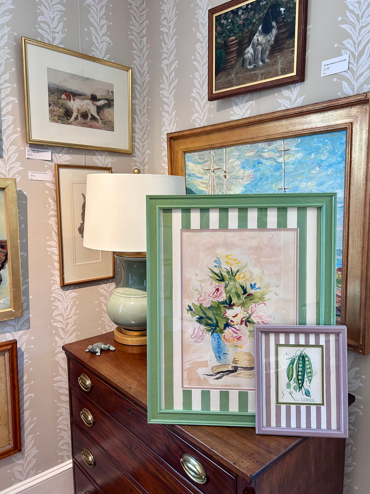 Floral and Wide Brimmed Hat Still Life manner of Ludwig Bemelmans Watercolor Painting in Painted Green Frame