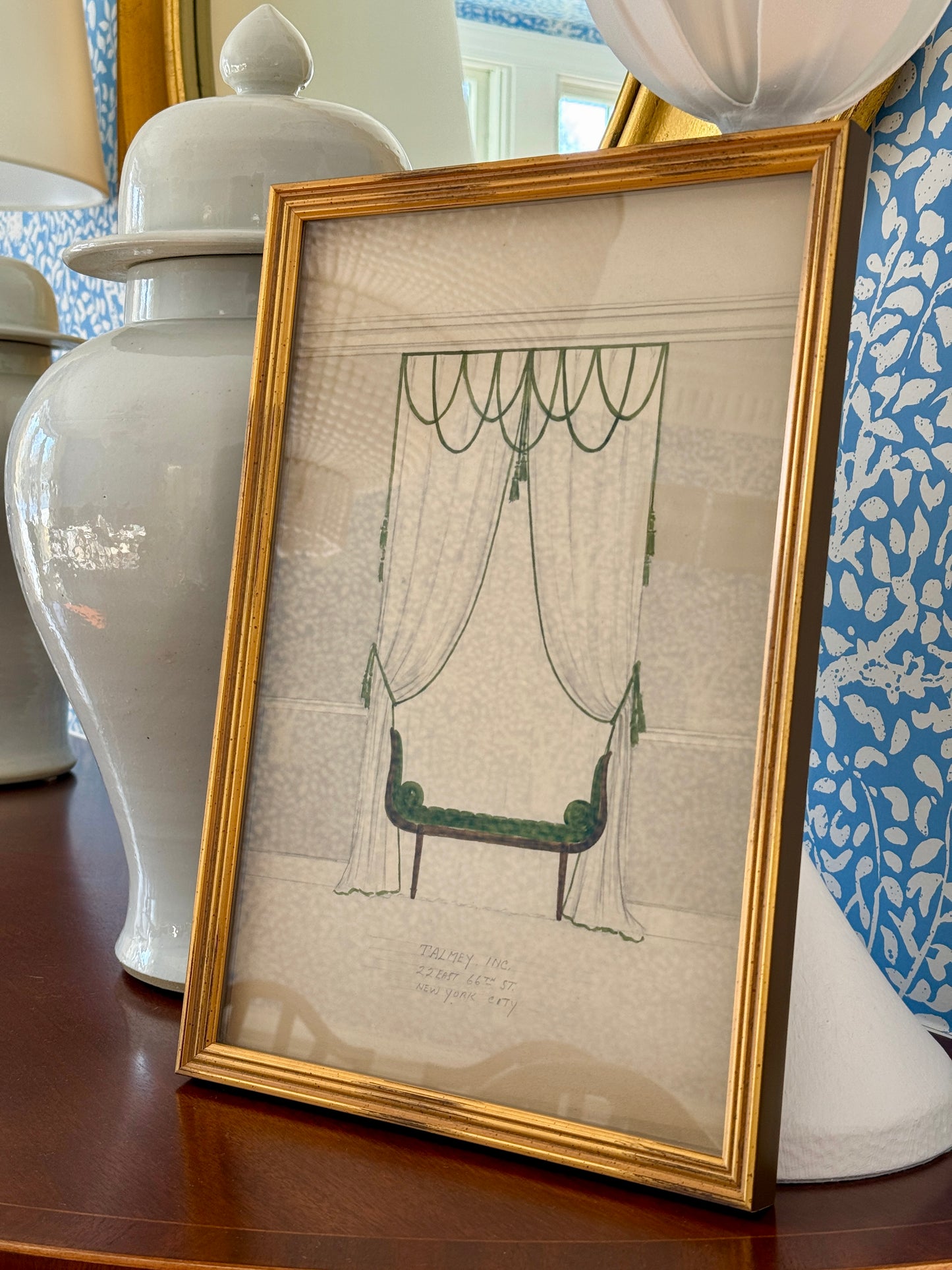 Set of Four Early 20th Century Interior Room Designs Watercolor Paintings in Gold Frames