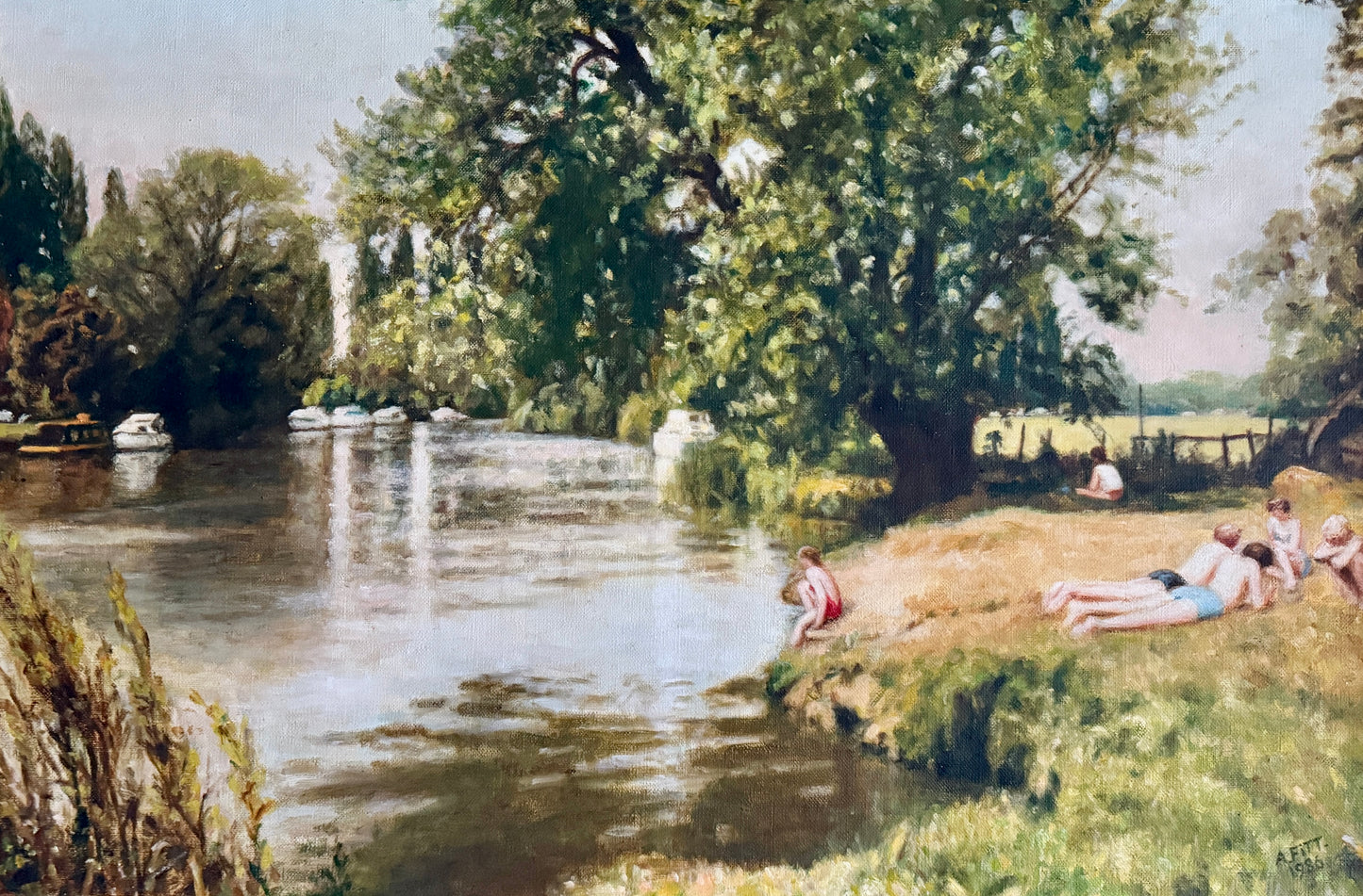 The Bathing Party Summer Swimmers Large Vintage Oil Painting in Gold Frame
