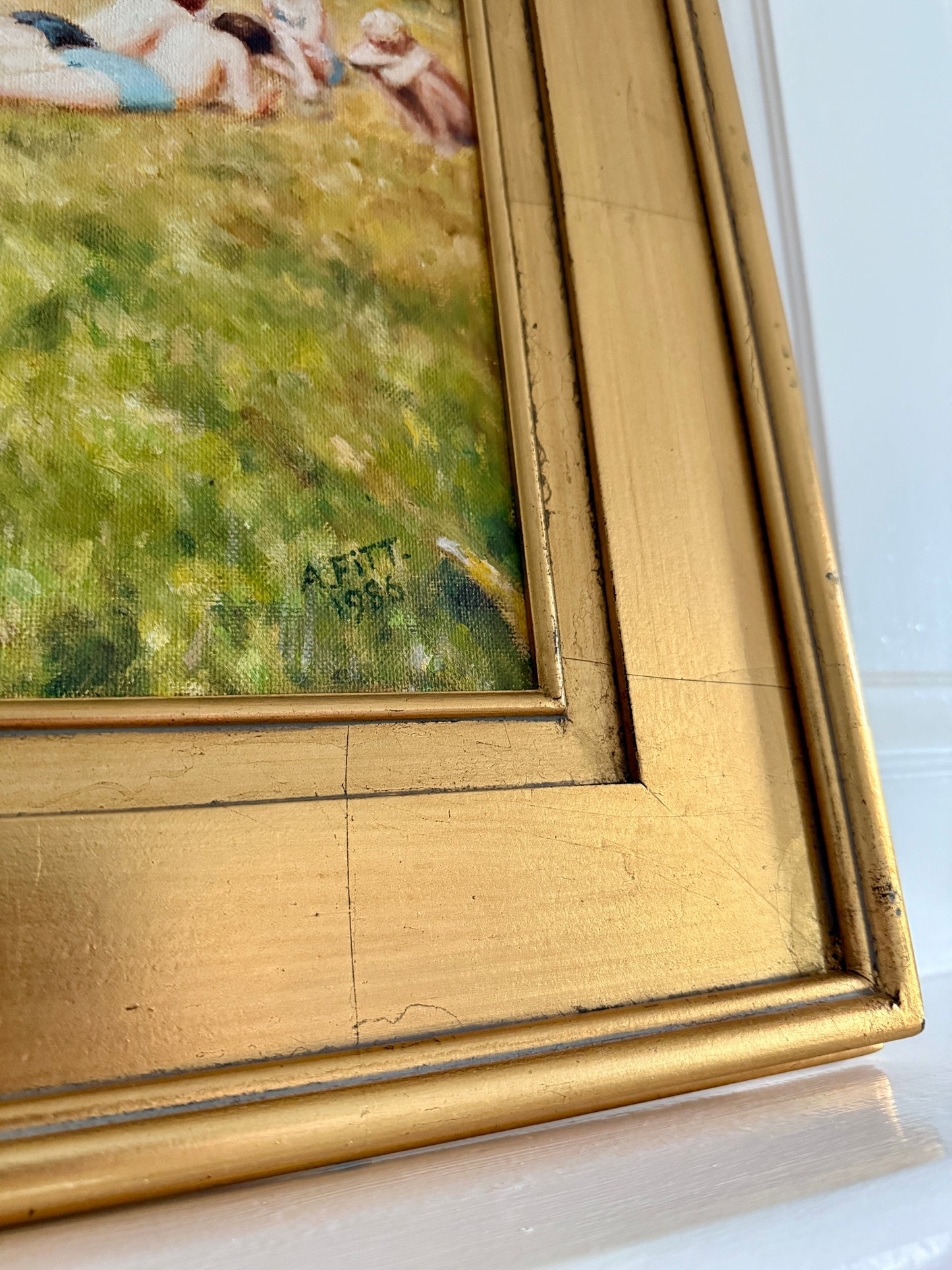 The Bathing Party Summer Swimmers Large Vintage Oil Painting in Gold Frame