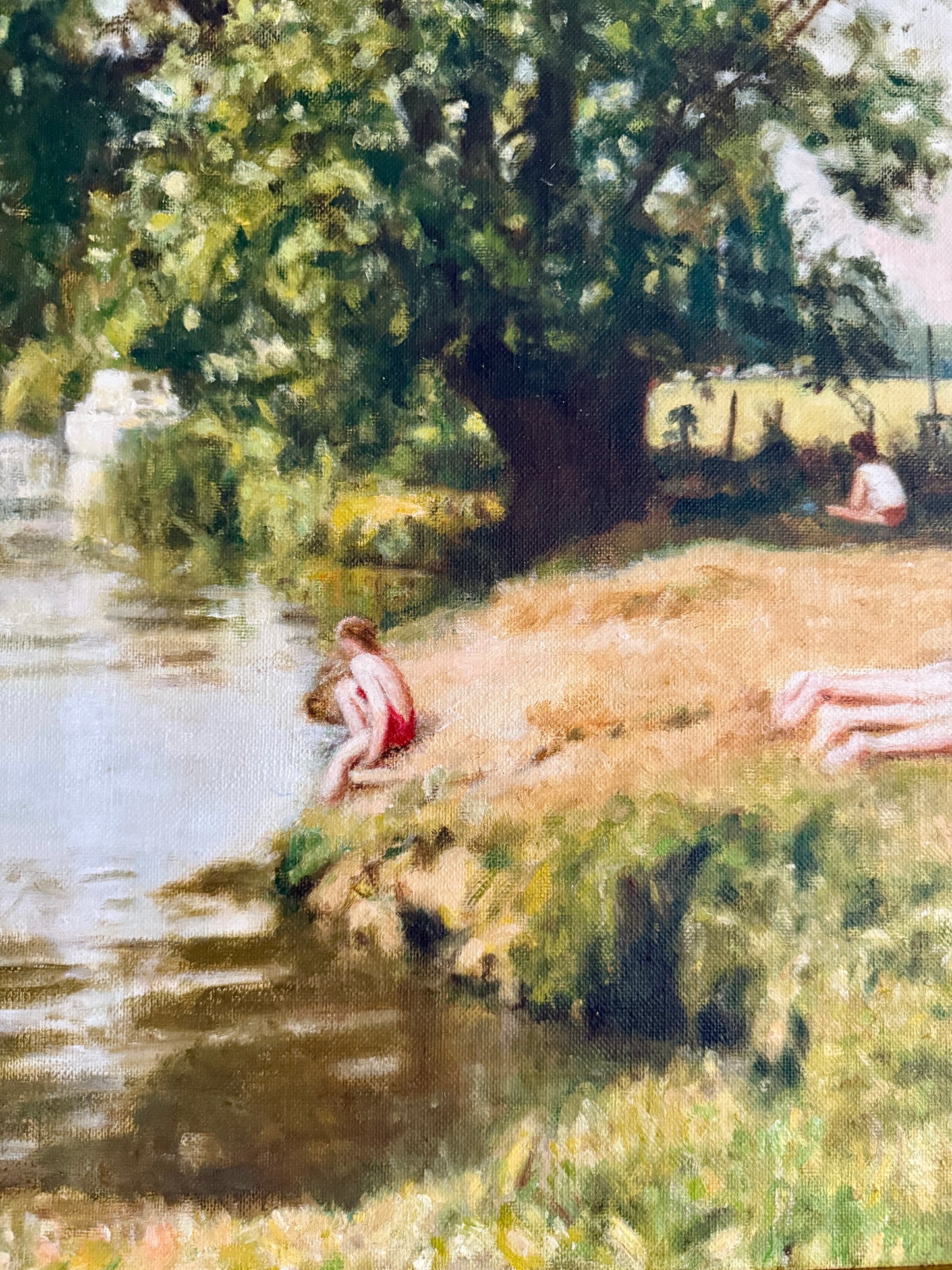 The Bathing Party Summer Swimmers Large Vintage Oil Painting in Gold Frame