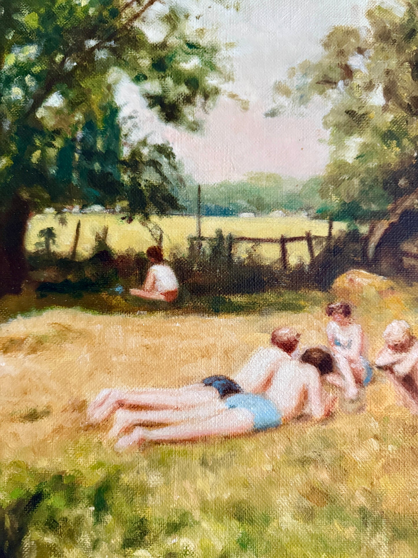 The Bathing Party Summer Swimmers Large Vintage Oil Painting in Gold Frame