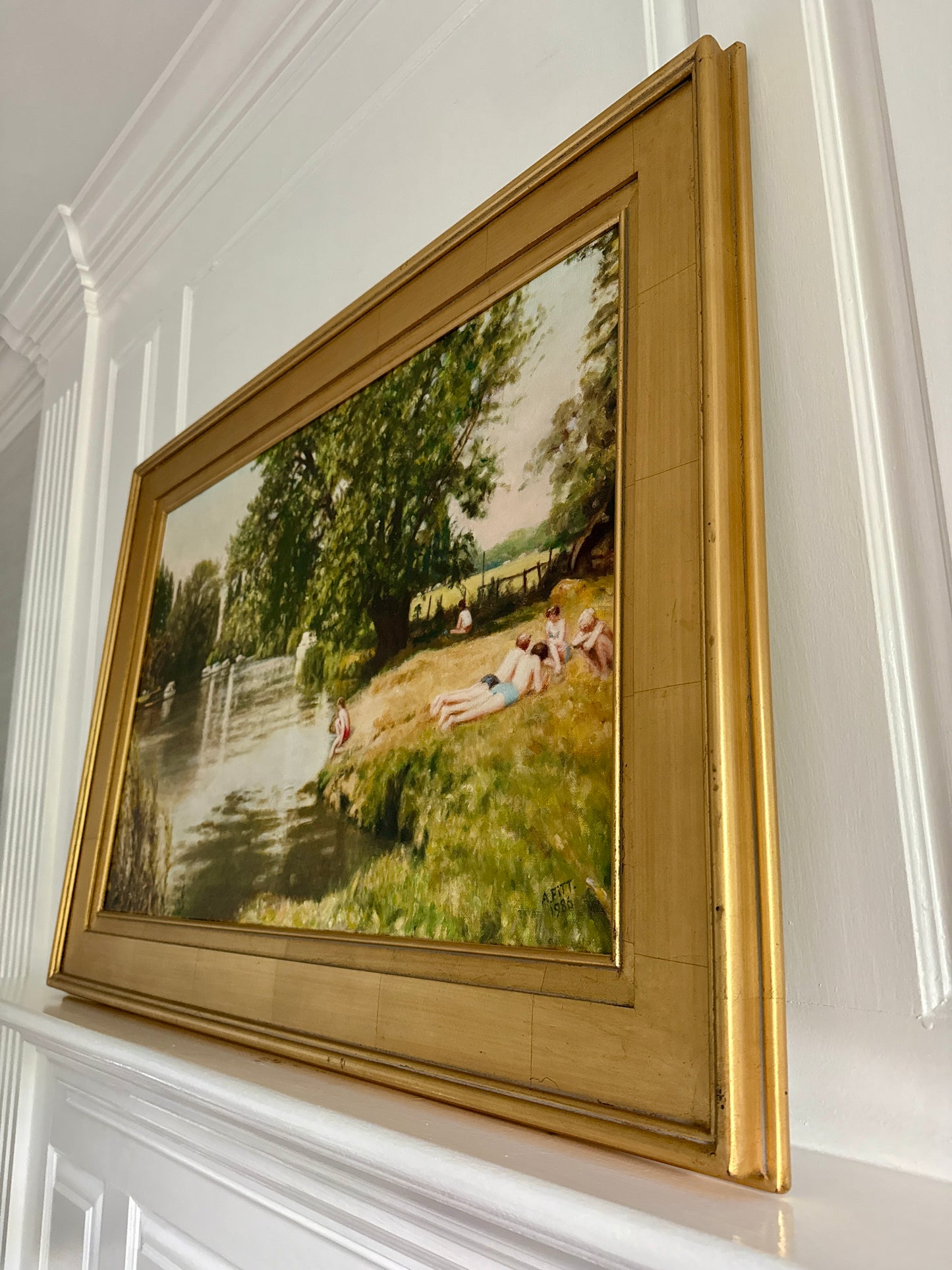 The Bathing Party Summer Swimmers Large Vintage Oil Painting in Gold Frame