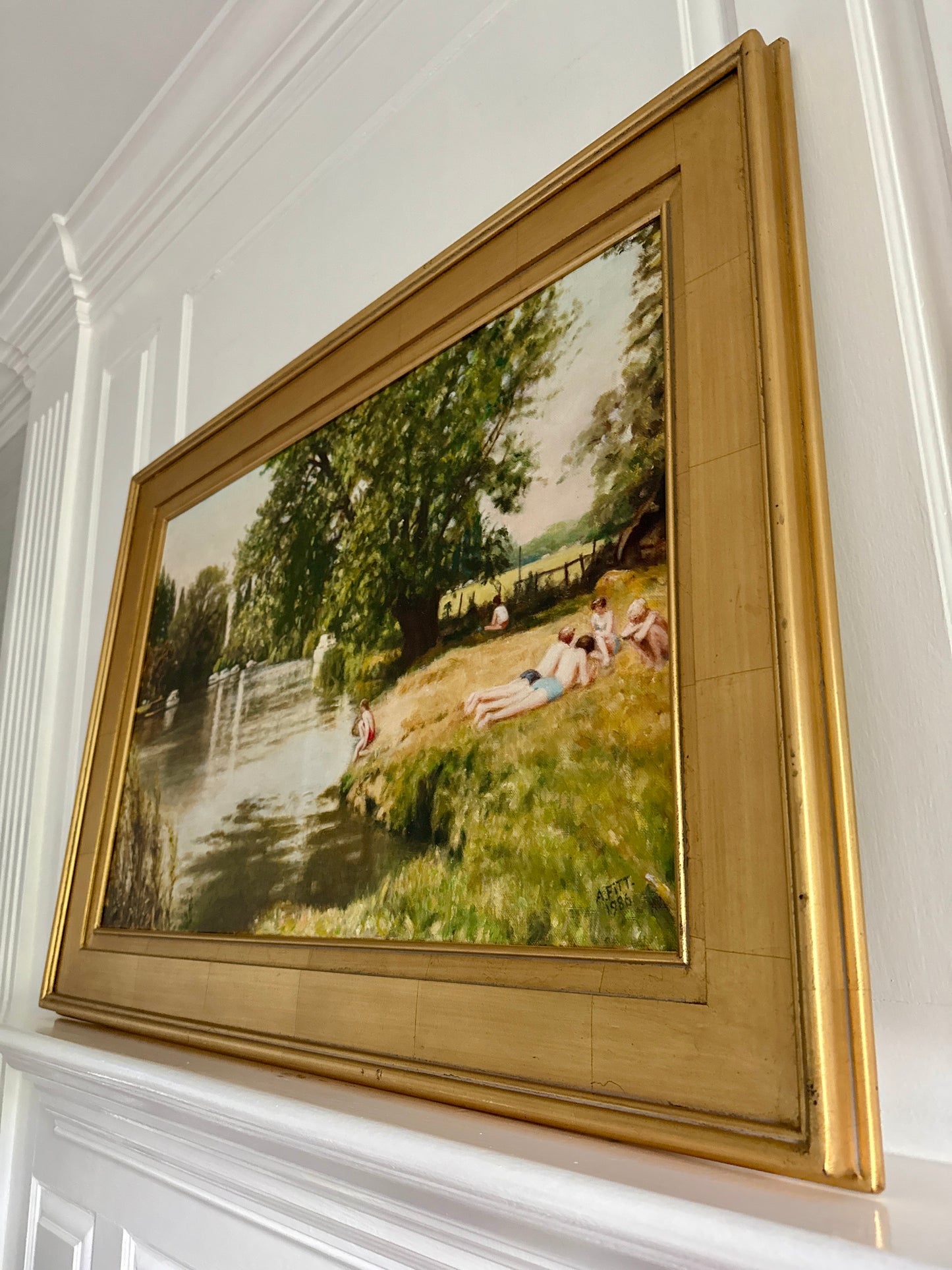 The Bathing Party Summer Swimmers Large Vintage Oil Painting in Gold Frame