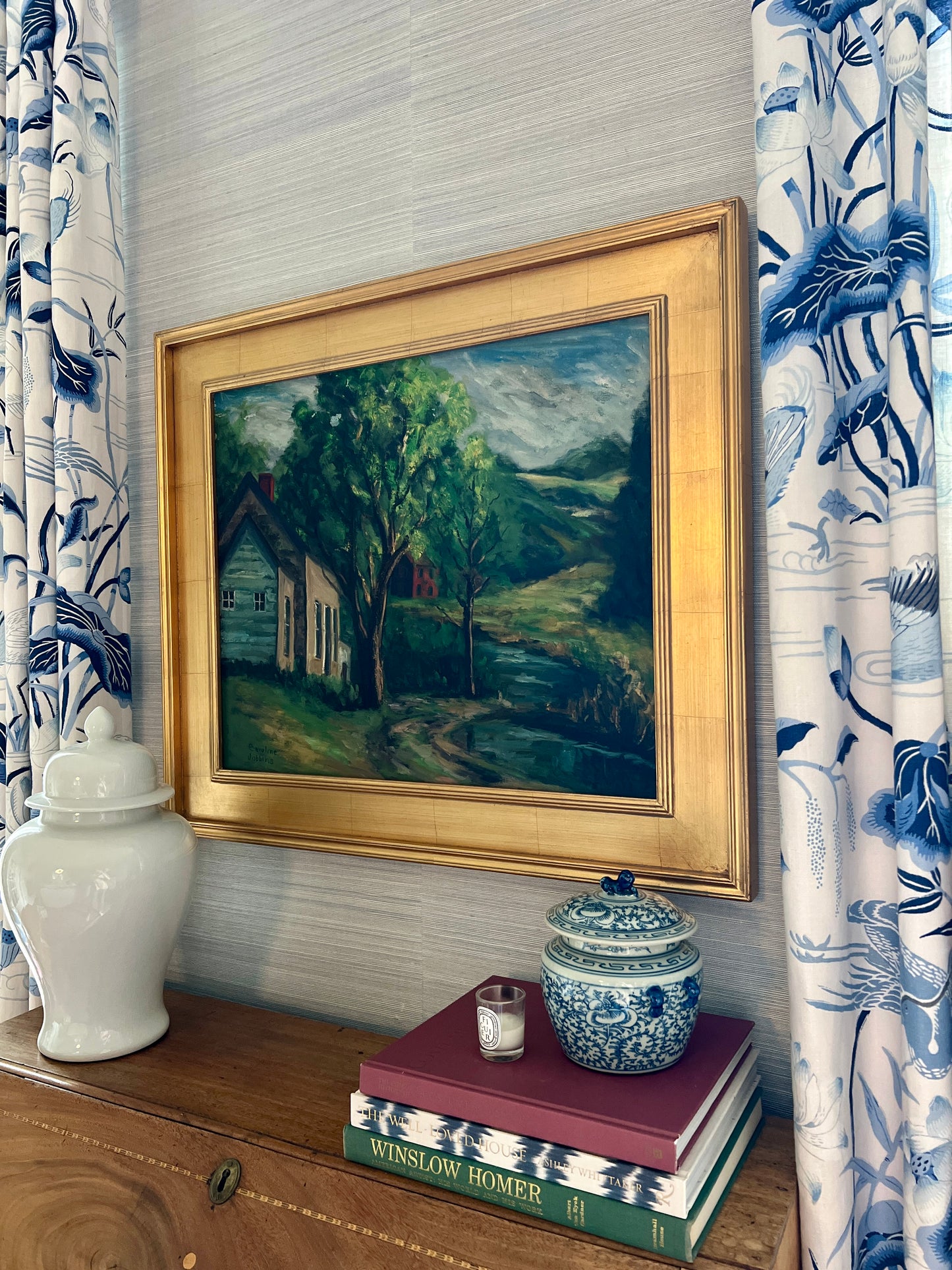 Vintage Caroline Jobbins American Country Landscape Oil Painting in Gold Frame