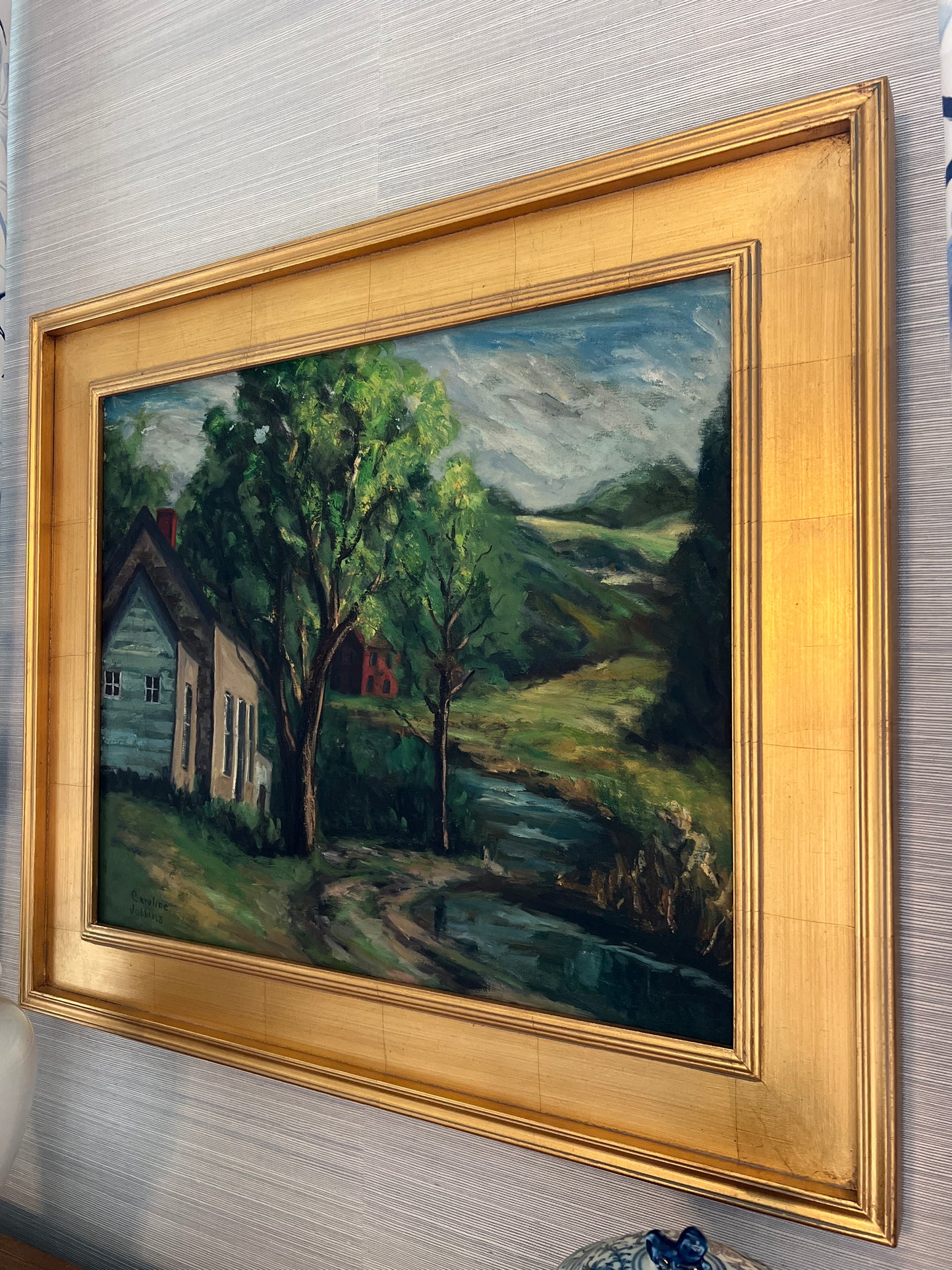 Vintage Caroline Jobbins American Country Landscape Oil Painting in Gold Frame