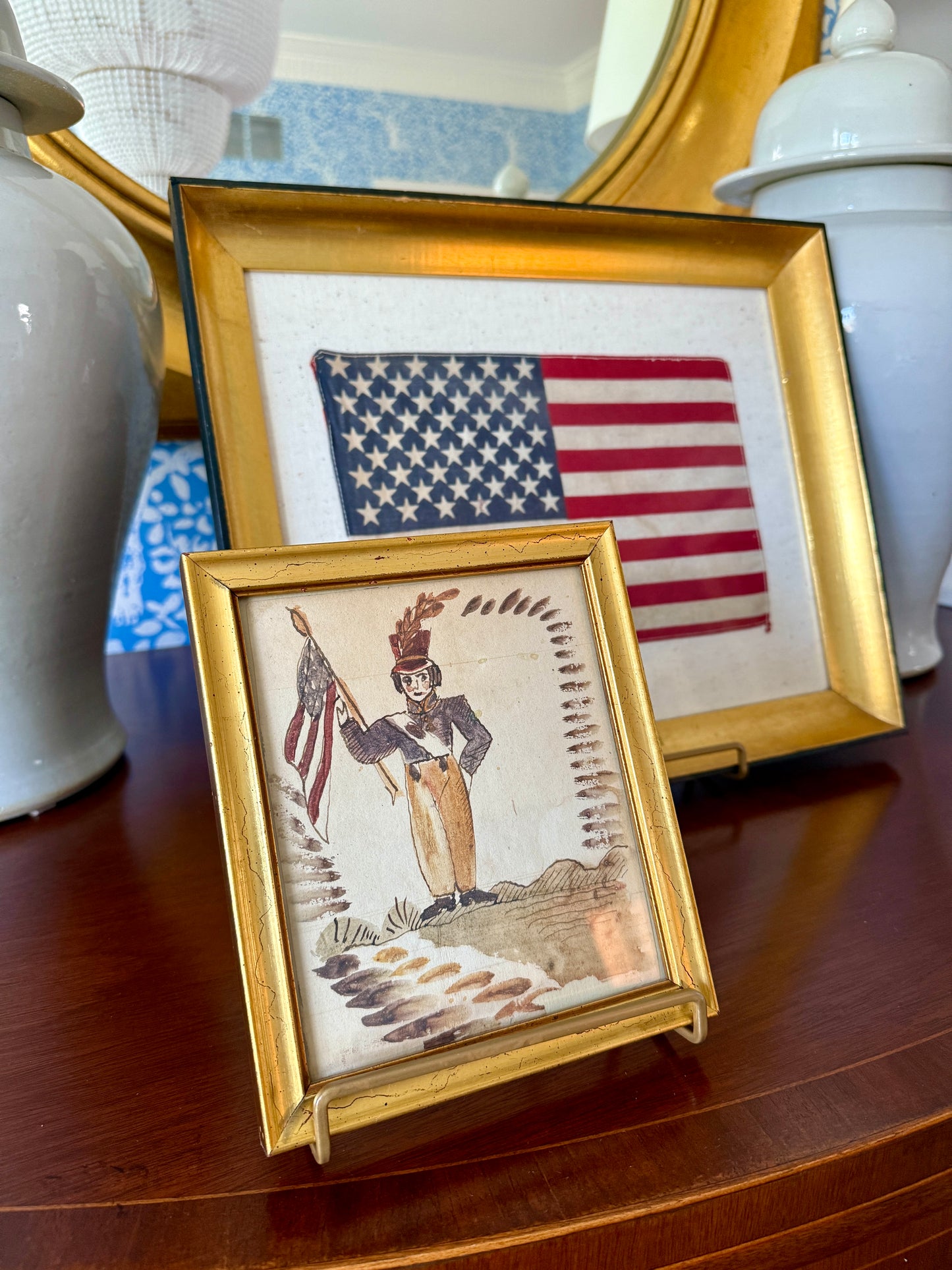 American Folk Vintage Watercolor Portrait of Soldier Boy in Gold Frame