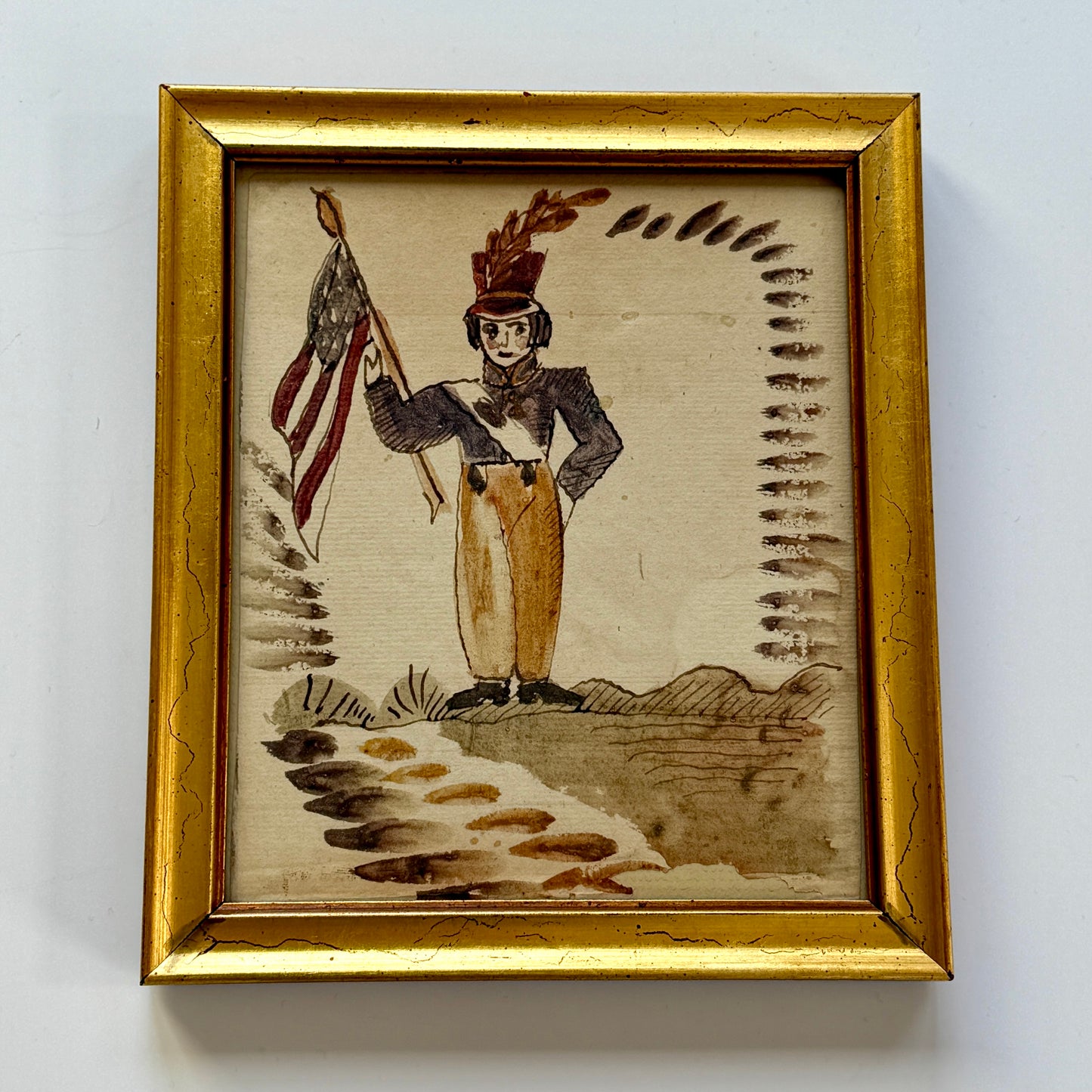 American Folk Vintage Watercolor Portrait of Soldier Boy in Gold Frame