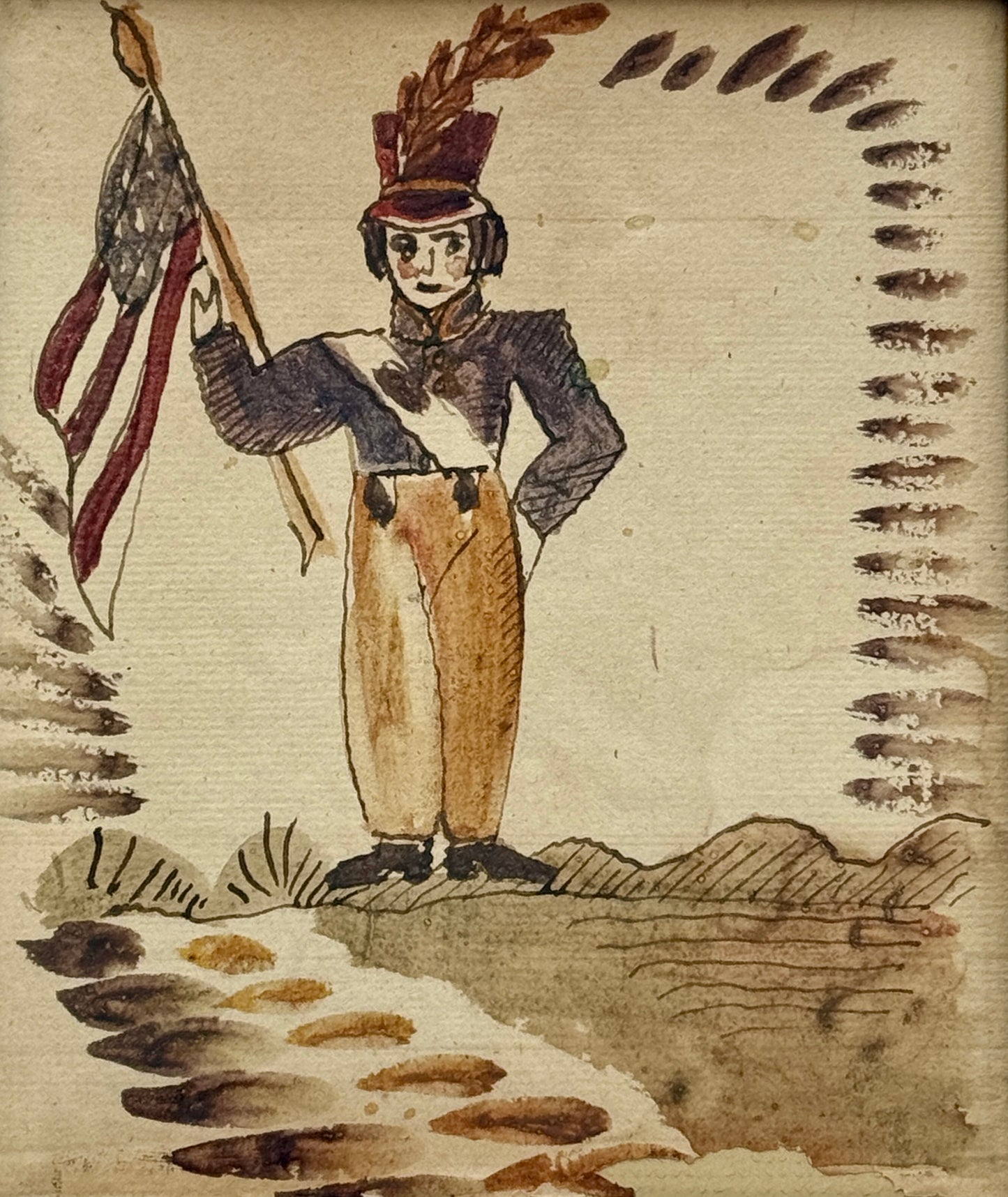 American Folk Vintage Watercolor Portrait of Soldier Boy in Gold Frame