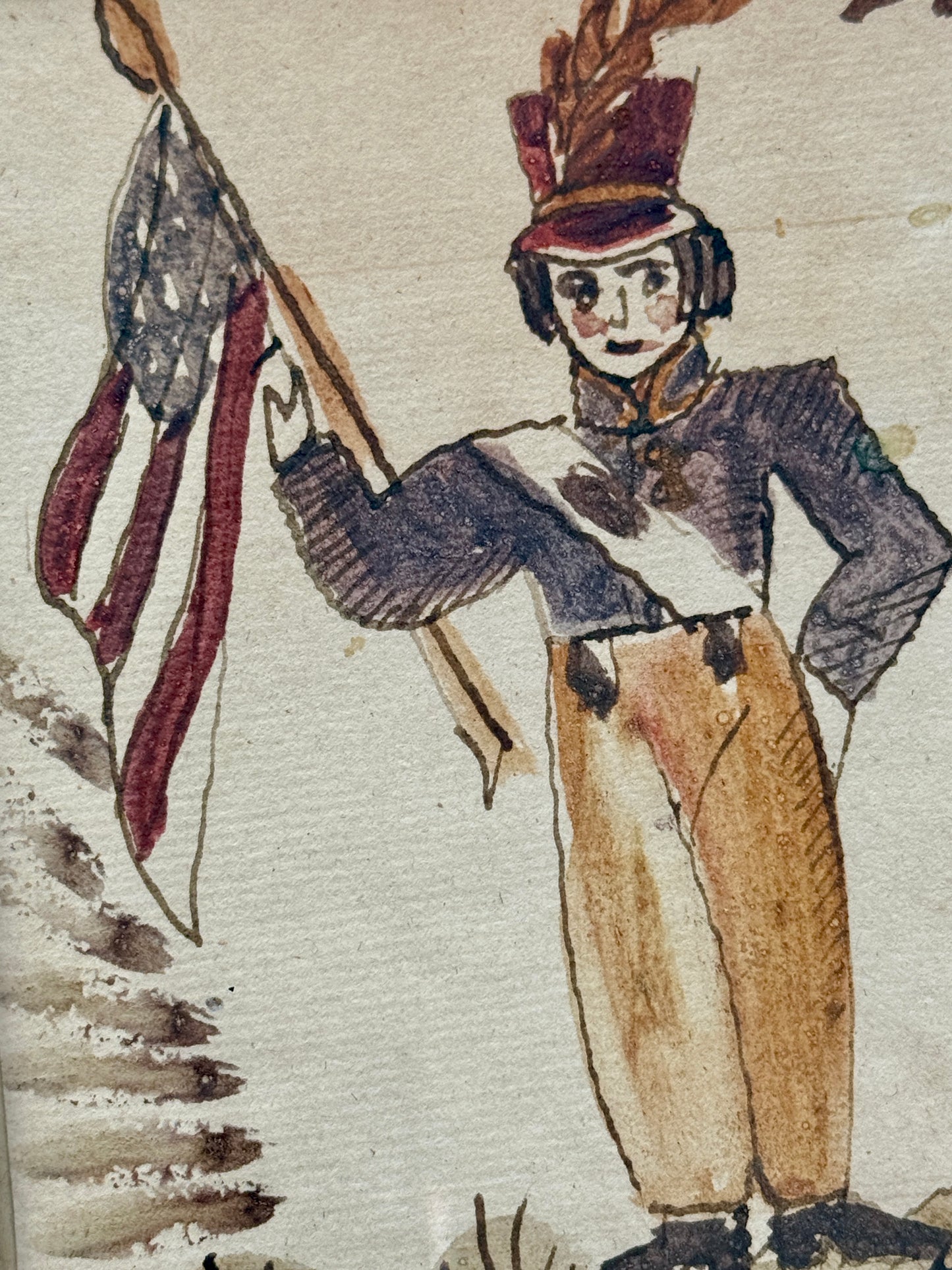 American Folk Vintage Watercolor Portrait of Soldier Boy in Gold Frame