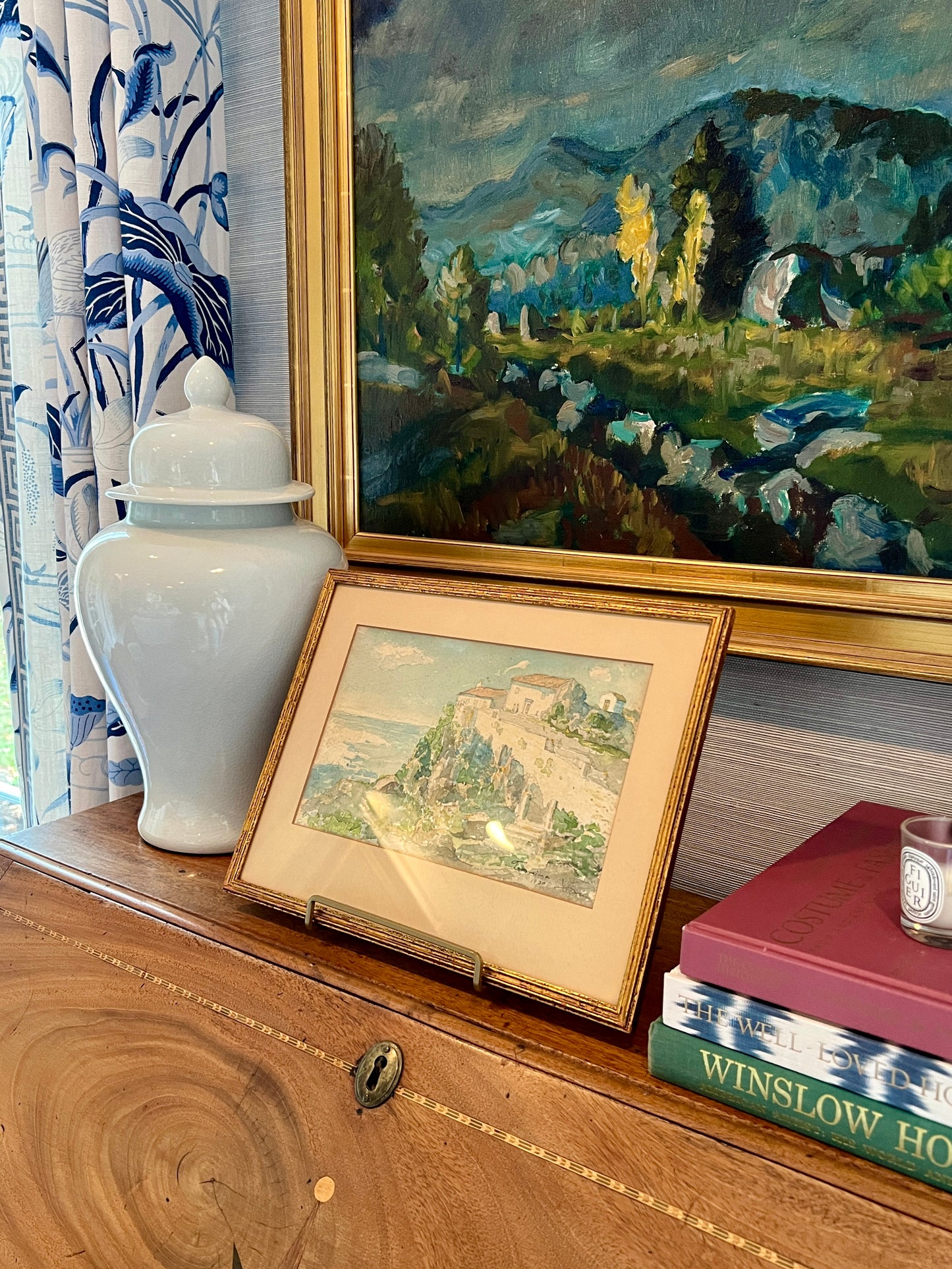 1930 Italian Coastal Landscape Watercolor Painting in Gold Frame