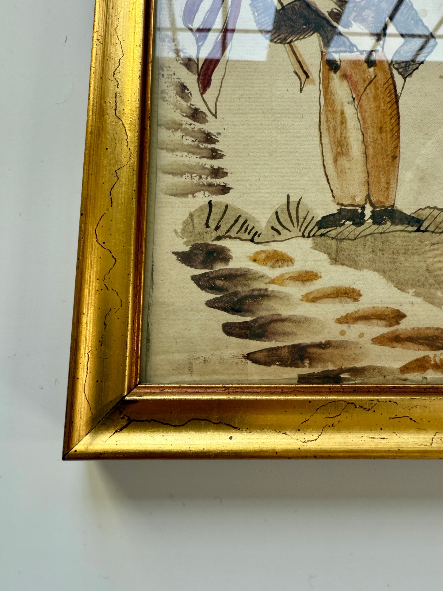 American Folk Vintage Watercolor Portrait of Soldier Boy in Gold Frame