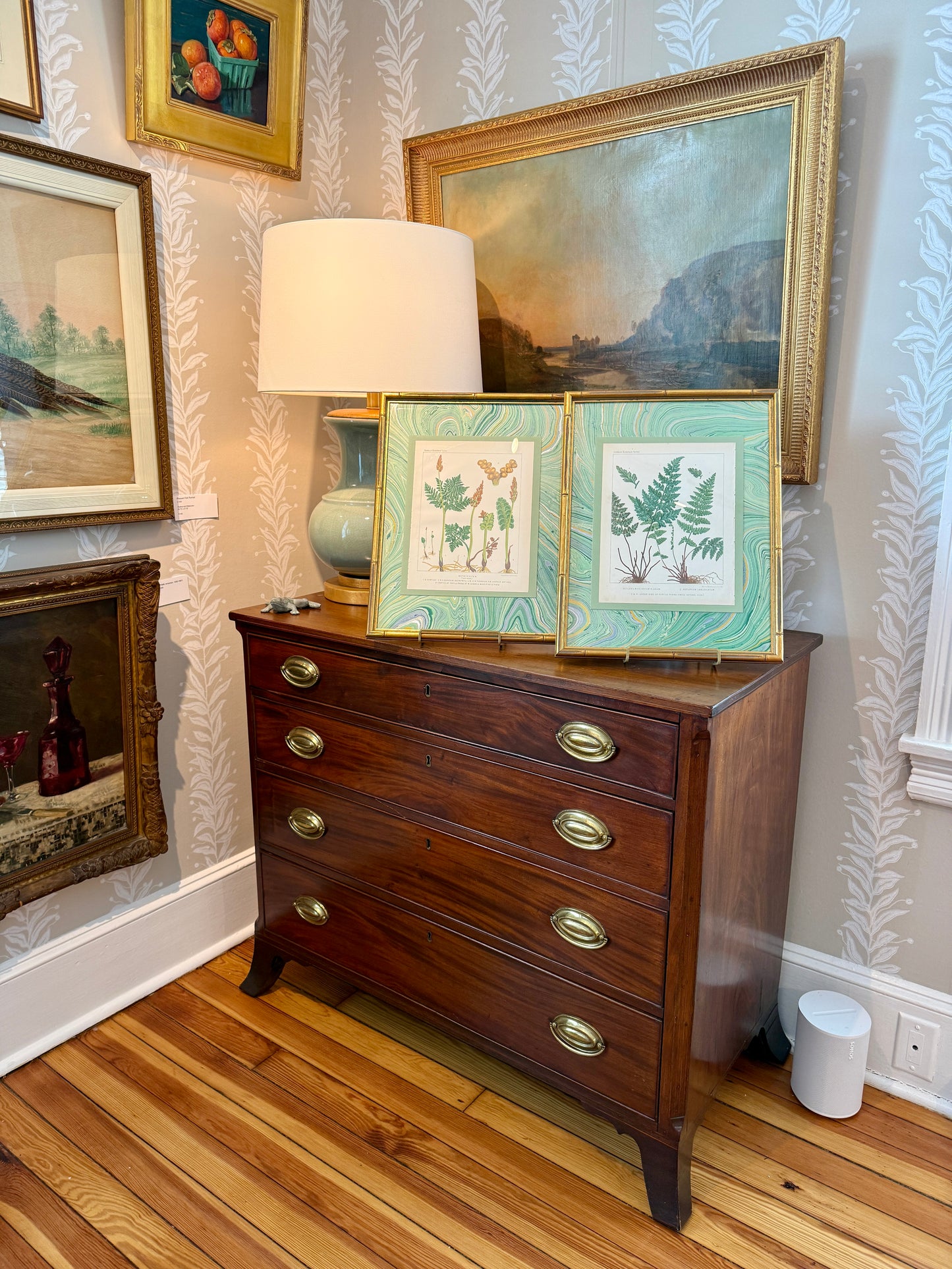 Pair of 19th Century Botanicals on Green Hand Marbled Mount in Gold Bamboo Frames