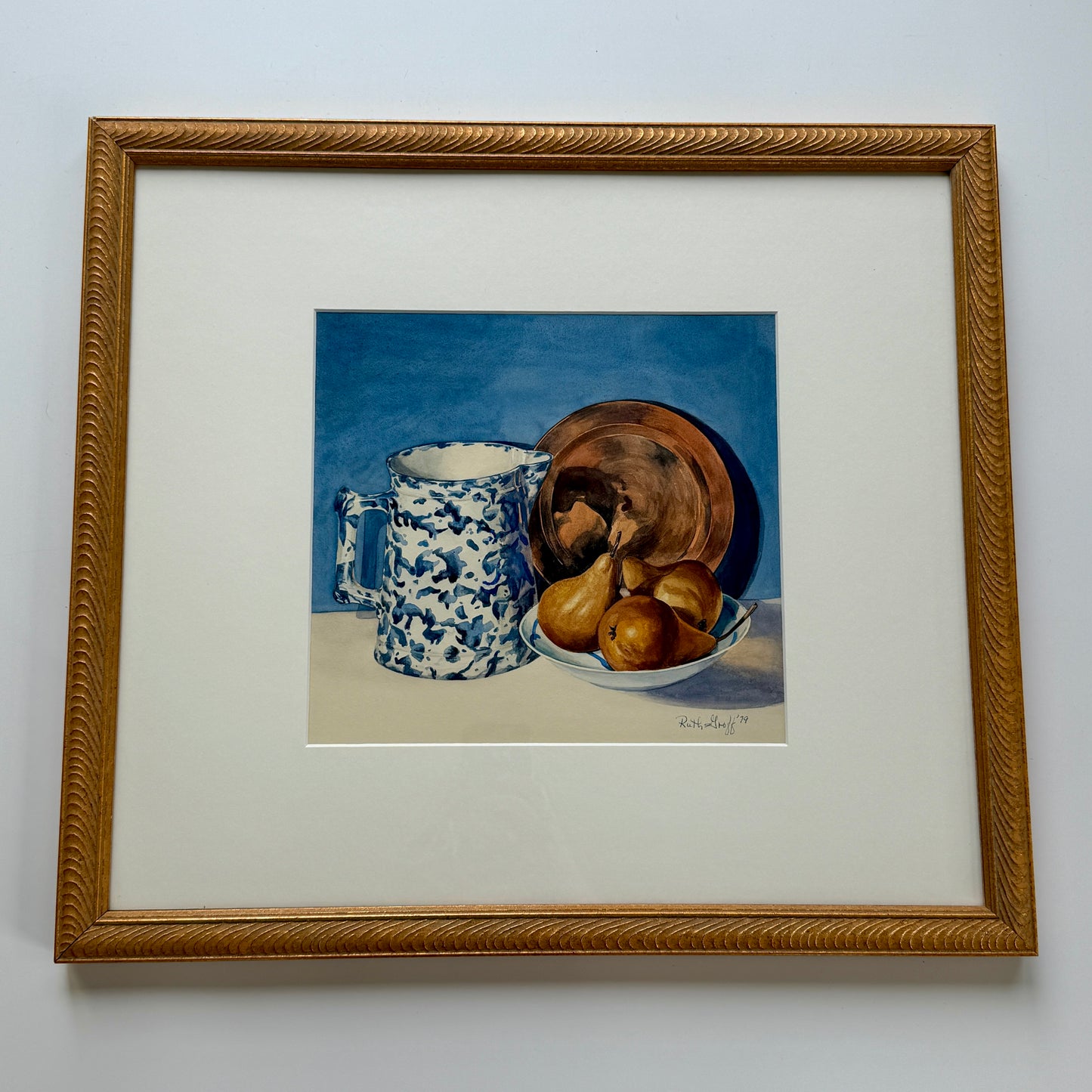 Vintage Still Life Blue White Splatterware Pitcher with Pears Watercolor Painting in Gold Frame