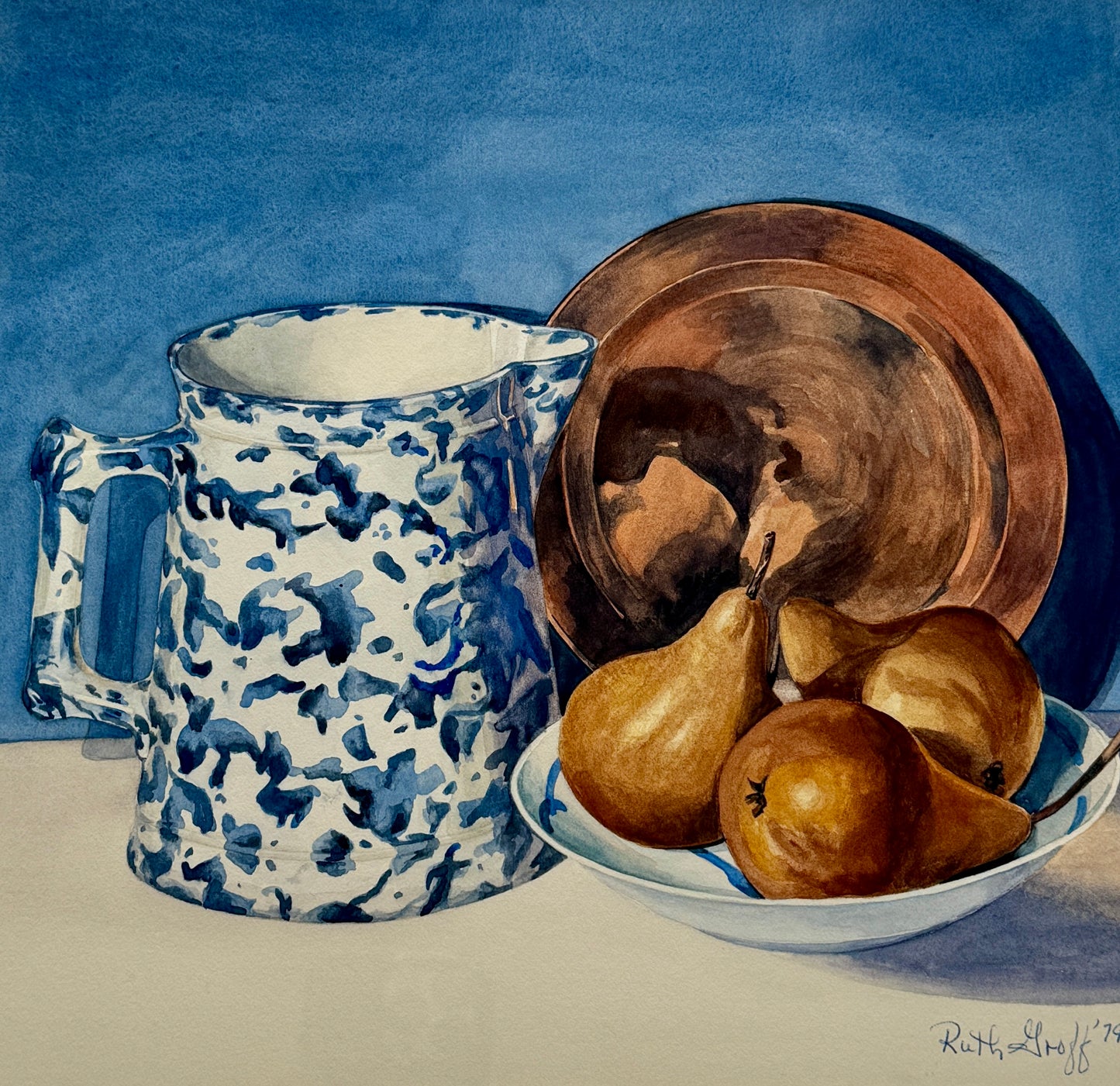 Vintage Still Life Blue White Splatterware Pitcher with Pears Watercolor Painting in Gold Frame