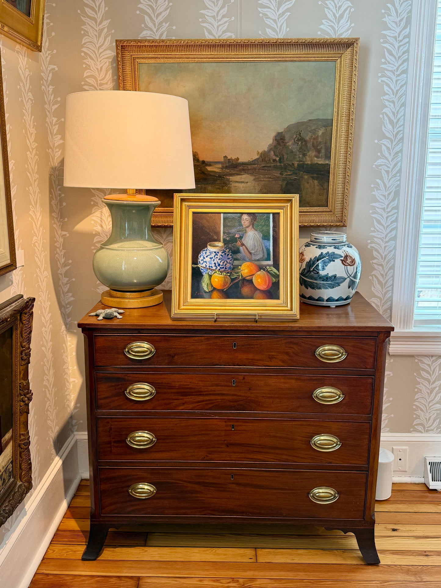 Youqing Wang Portrait, Persimmons and Chinoiserie Jar Oil Painting in Gold Frame
