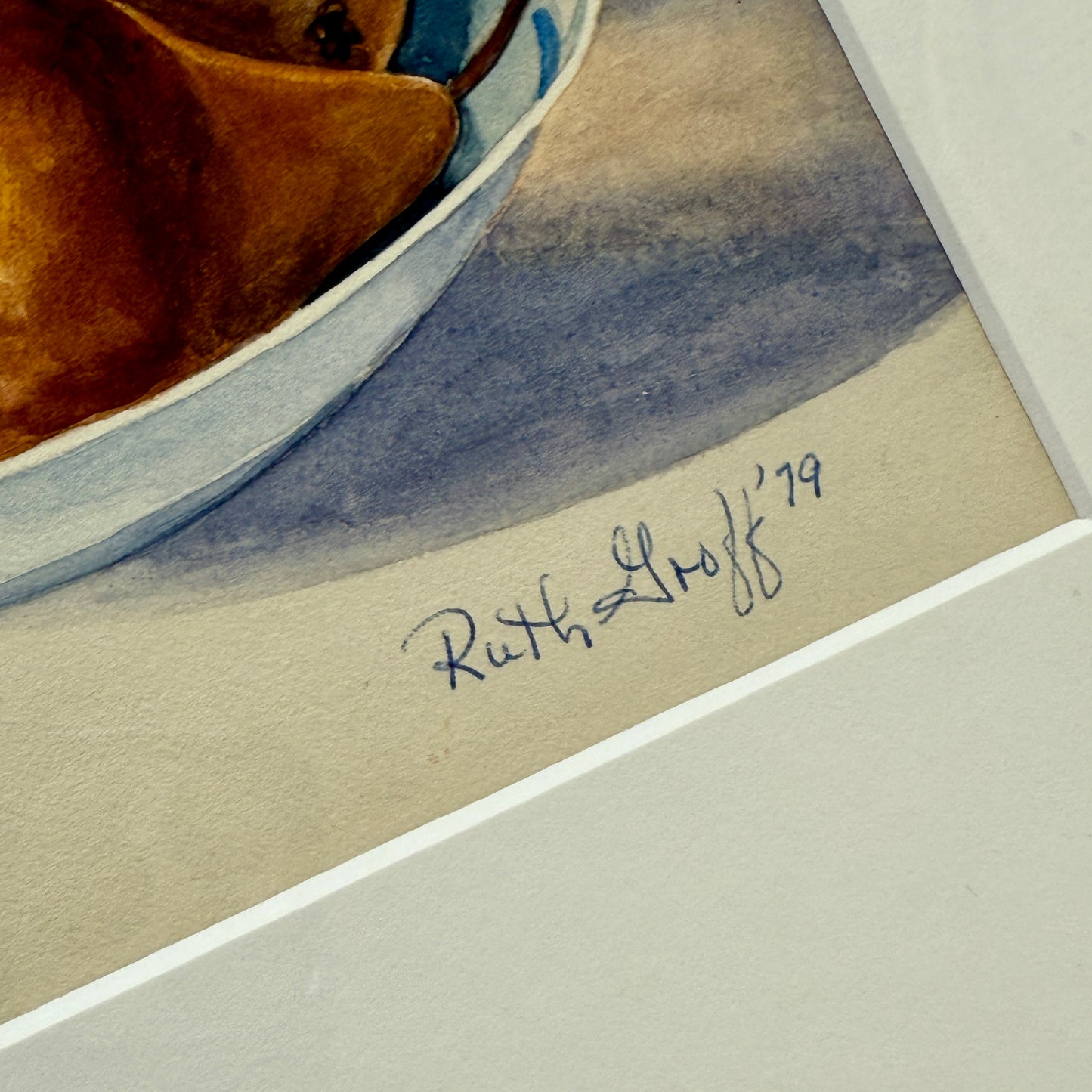 Vintage Still Life Blue White Splatterware Pitcher with Pears Watercolor Painting in Gold Frame