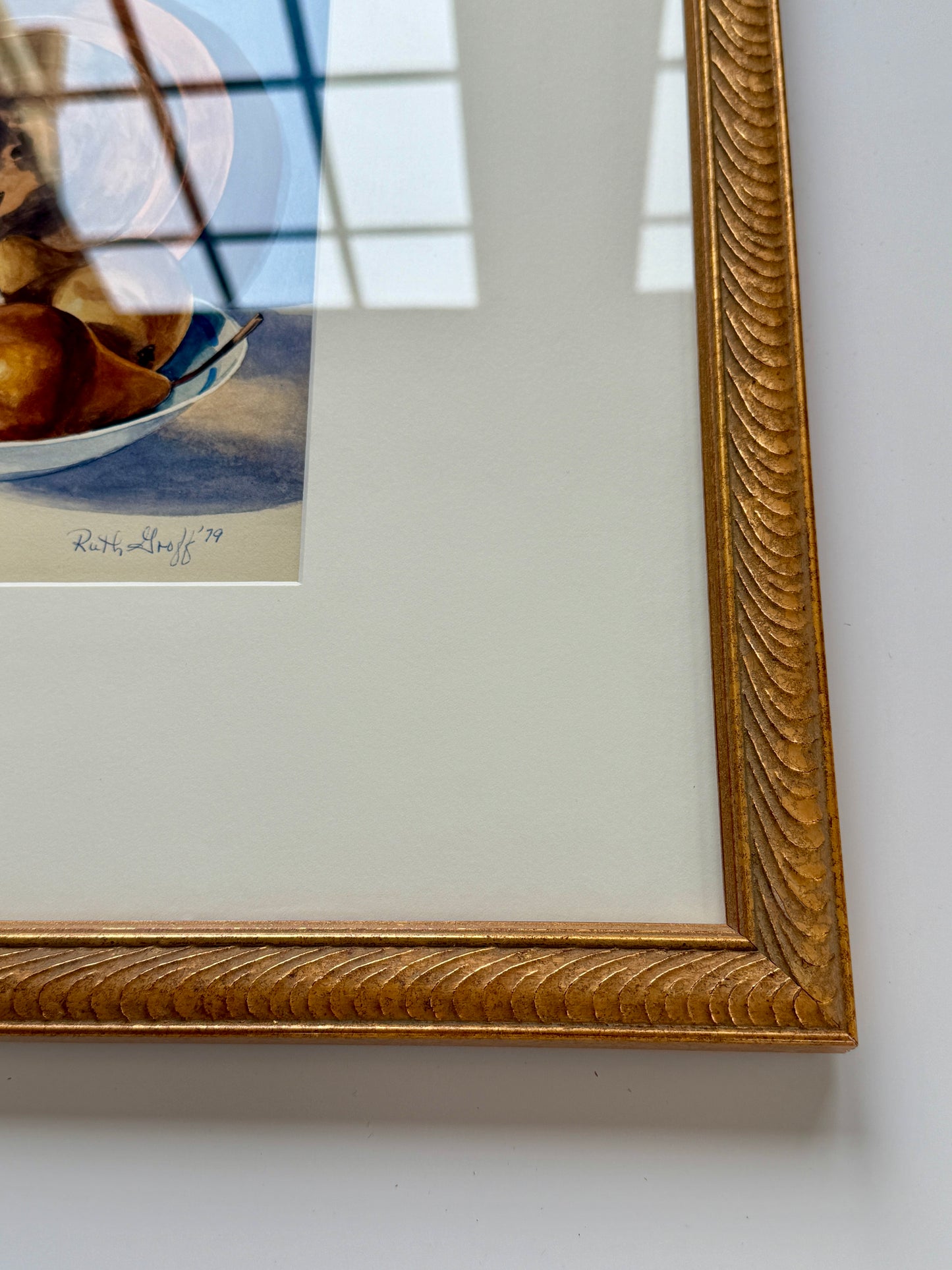 Vintage Still Life Blue White Splatterware Pitcher with Pears Watercolor Painting in Gold Frame