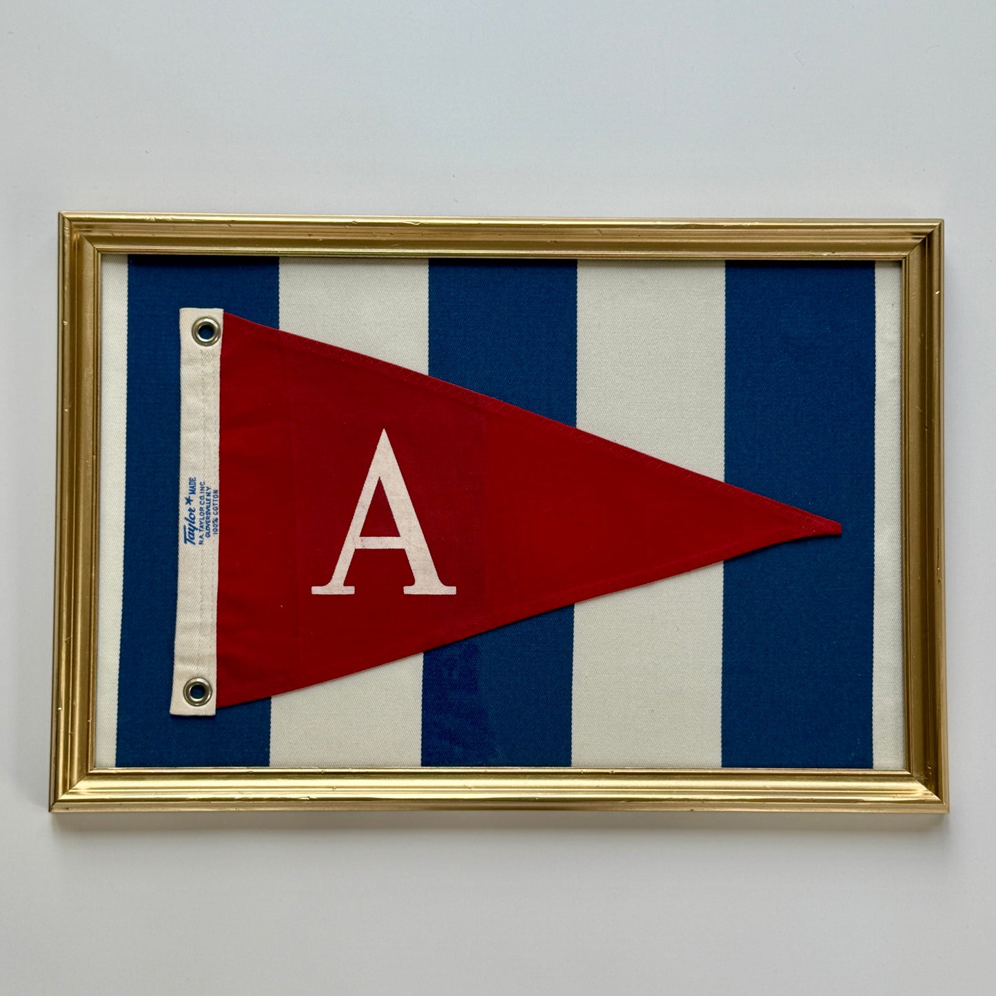 Vintage "A" Burgee Nautical Flag on Striped Canvas in Gold Frame