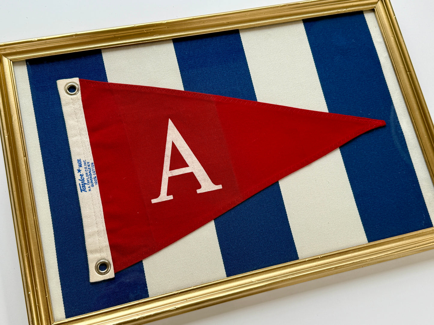 Vintage "A" Burgee Nautical Flag on Striped Canvas in Gold Frame