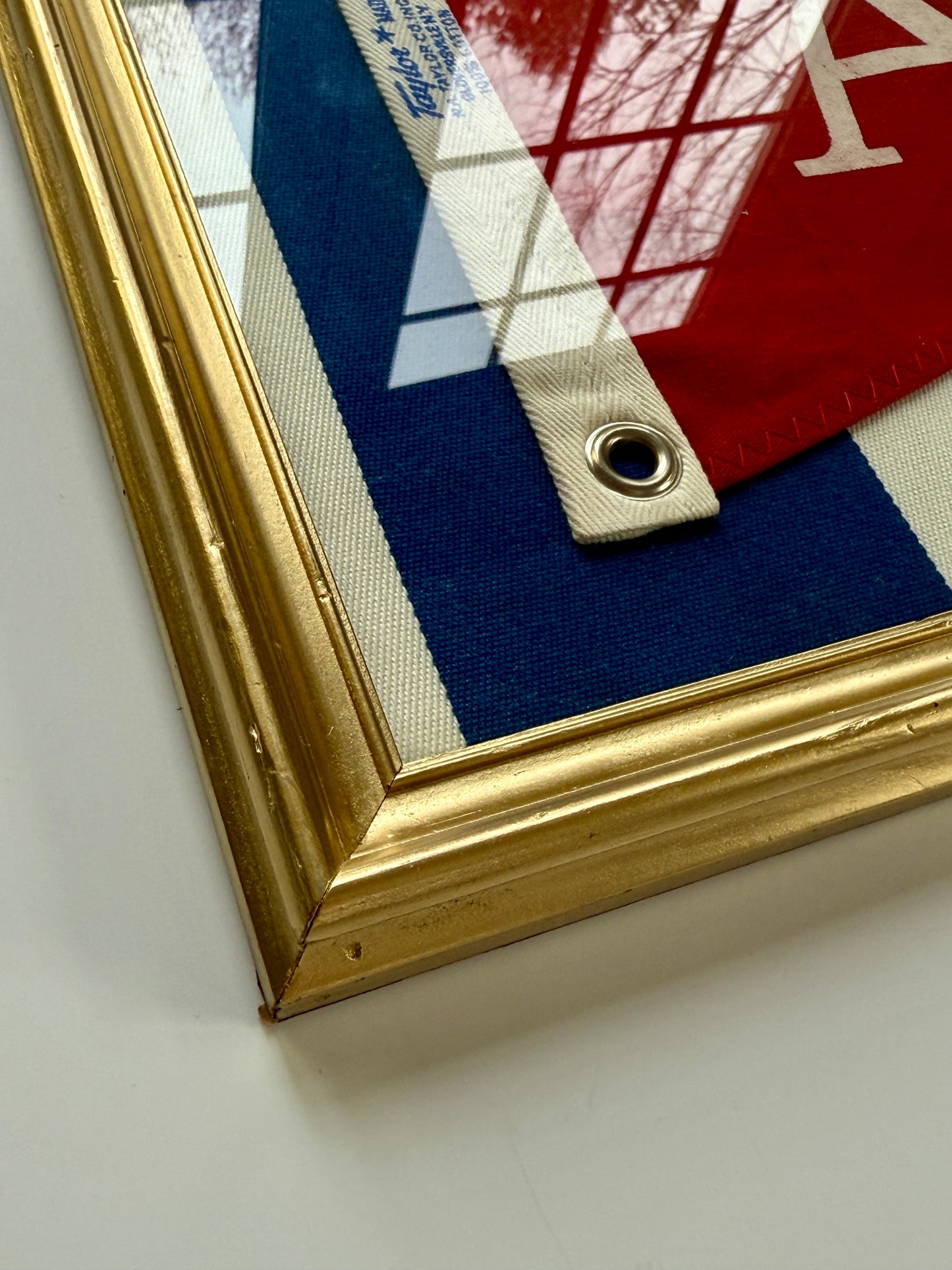 Vintage "A" Burgee Nautical Flag on Striped Canvas in Gold Frame