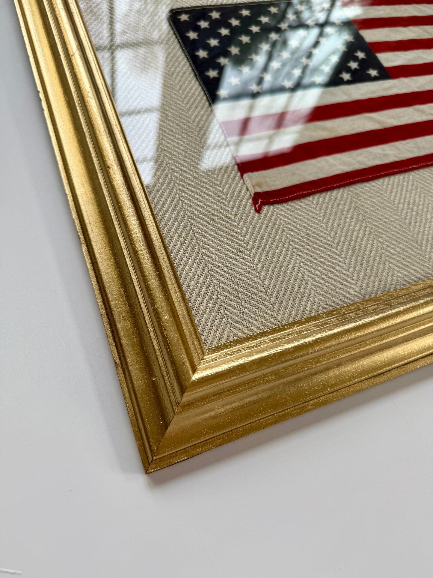 Vintage 50 Star American Parade Flag on Tan Herringbone Fabric in Gold Frame