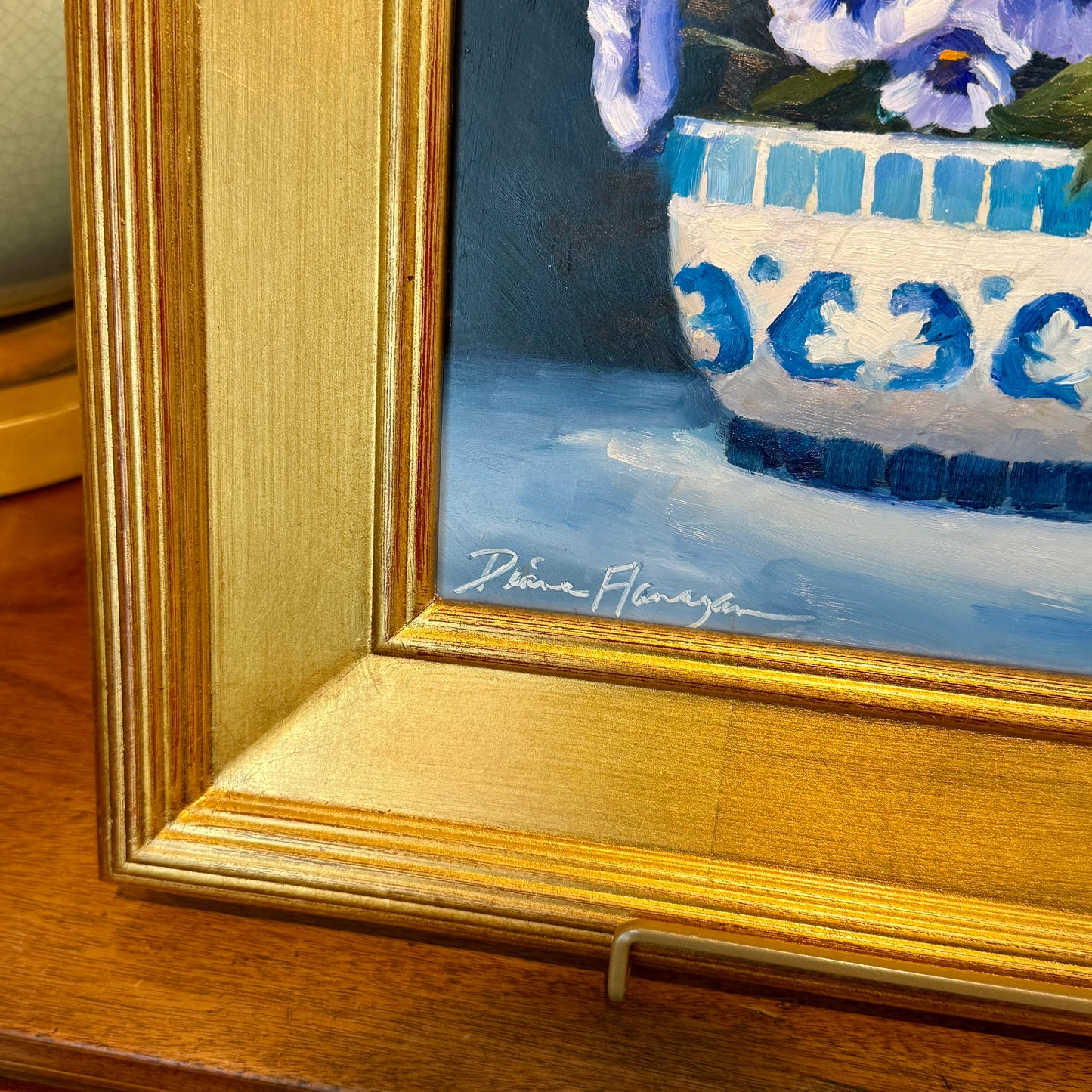 Diane Flanagan Pretty in Blue Pansies in Blue and White Bowl Still Life Oil Painting in Gold Frame