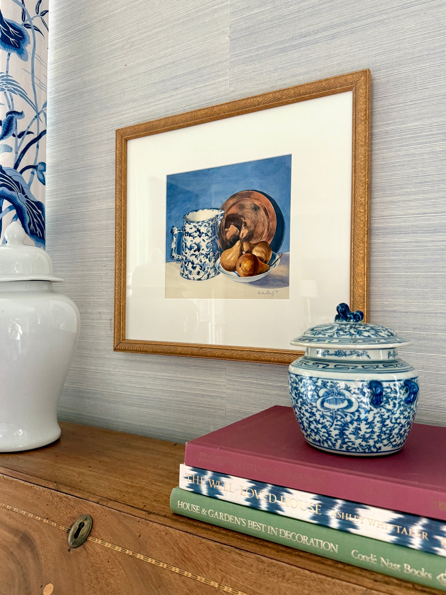 Vintage Still Life Blue White Splatterware Pitcher with Pears Watercolor Painting in Gold Frame