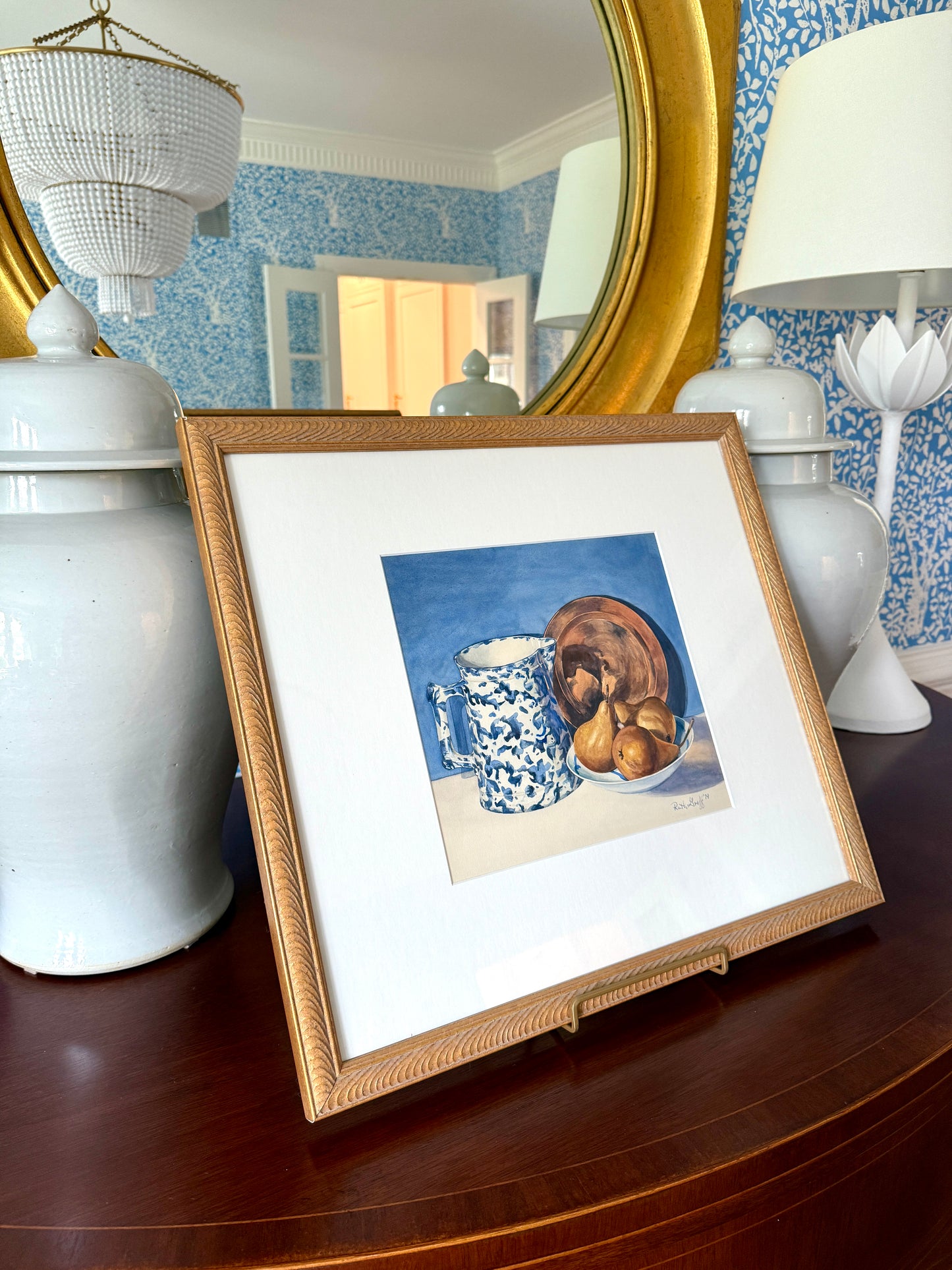 Vintage Still Life Blue White Splatterware Pitcher with Pears Watercolor Painting in Gold Frame