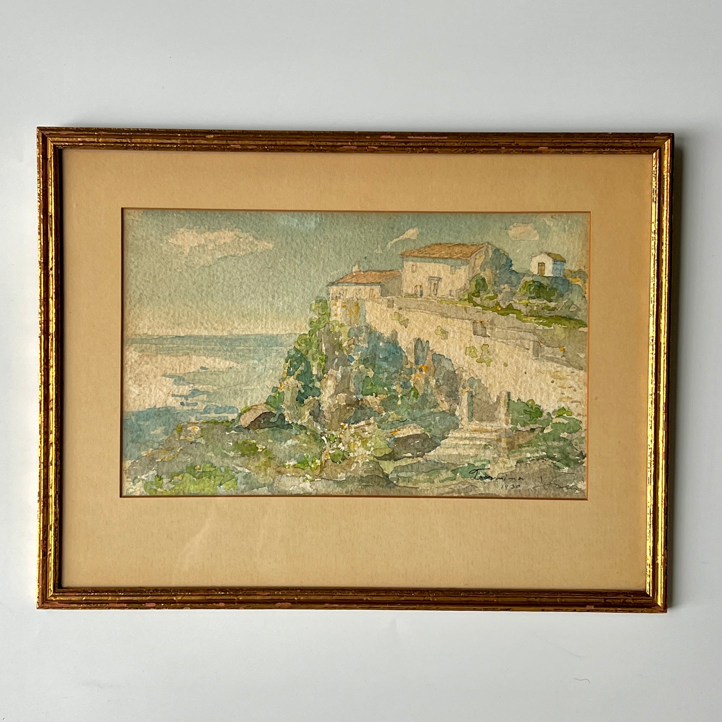 1930 Italian Coastal Landscape Watercolor Painting in Gold Frame