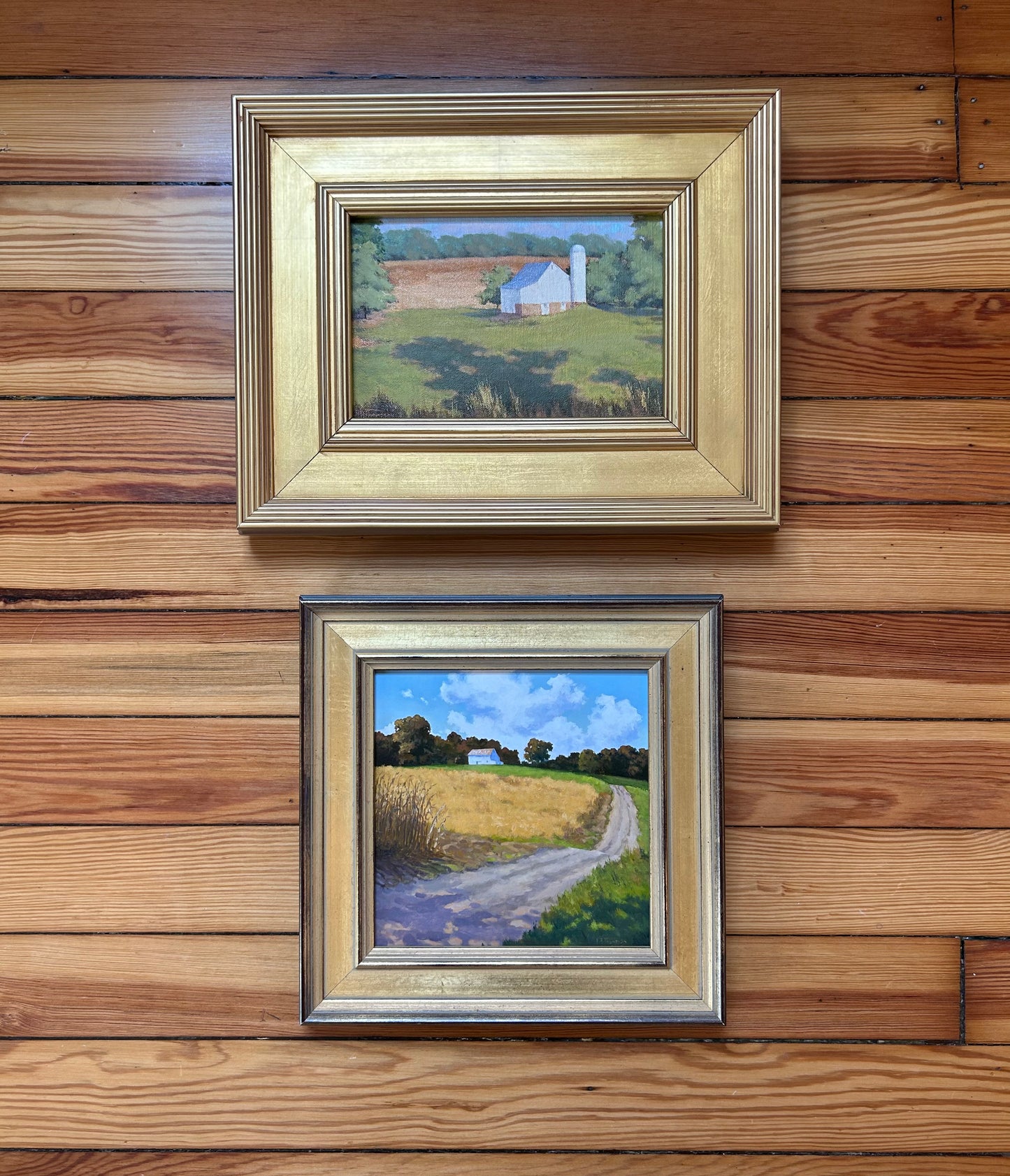 Anthony R. Thompson White Barn Morning Sun Country Landscape Oil Painting in Gold Frame