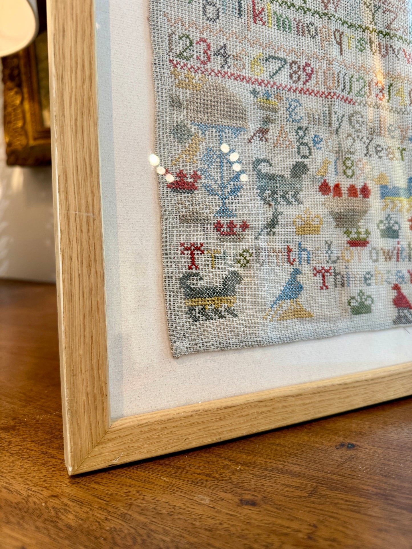 1892 Cross Stitch Sampler Worked by Emily Galley 12 Years Old in Natural Wood Frame