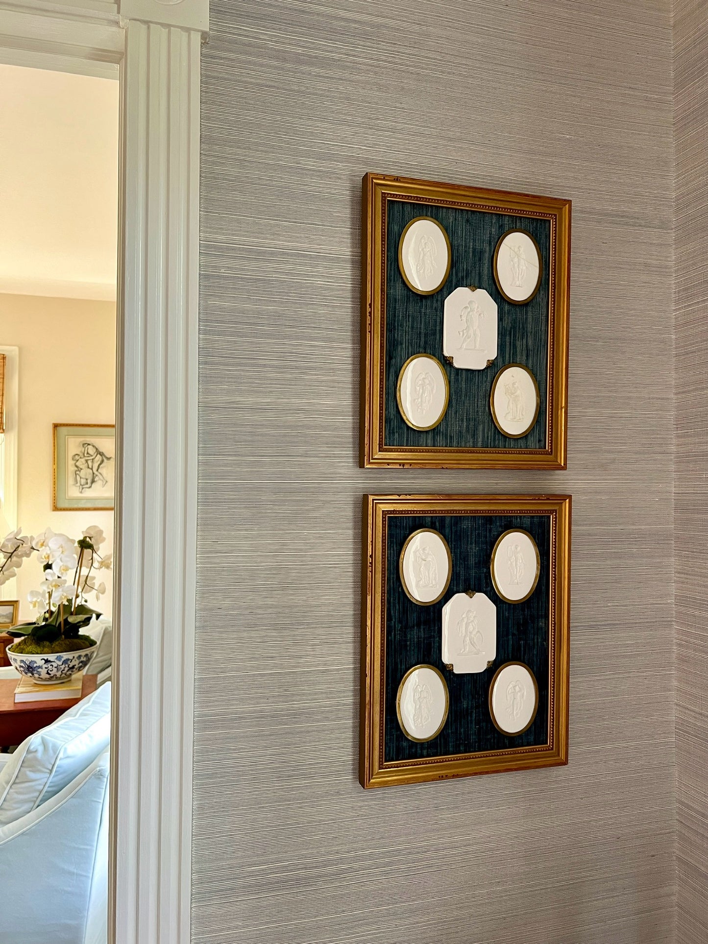 Pair of 10 Gold Wrapped Intaglios on Blue Velvet in Gold Frames