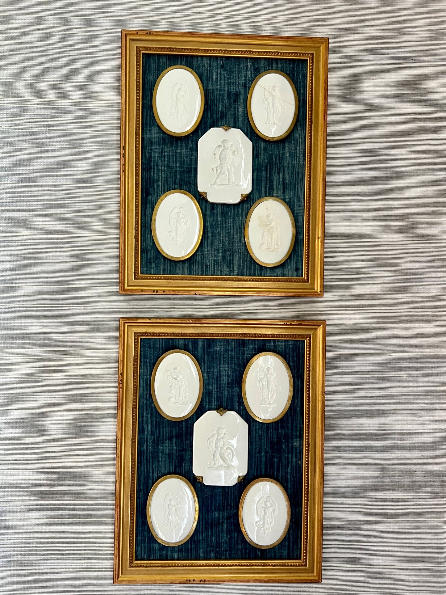 Pair of 10 Gold Wrapped Intaglios on Blue Velvet in Gold Frames