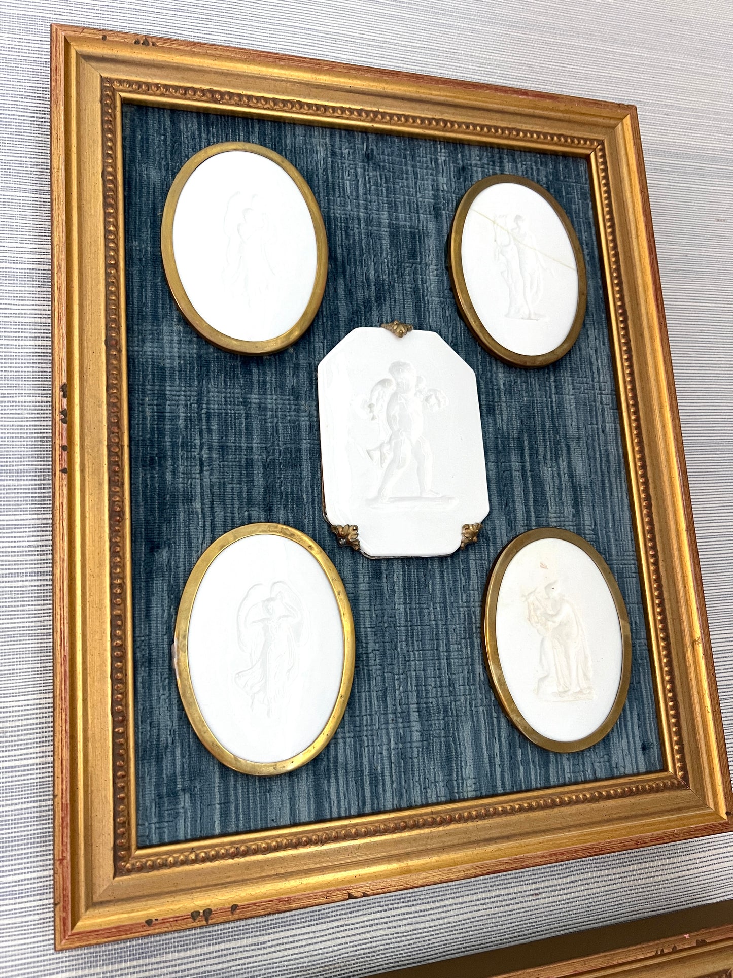 Pair of 10 Gold Wrapped Intaglios on Blue Velvet in Gold Frames
