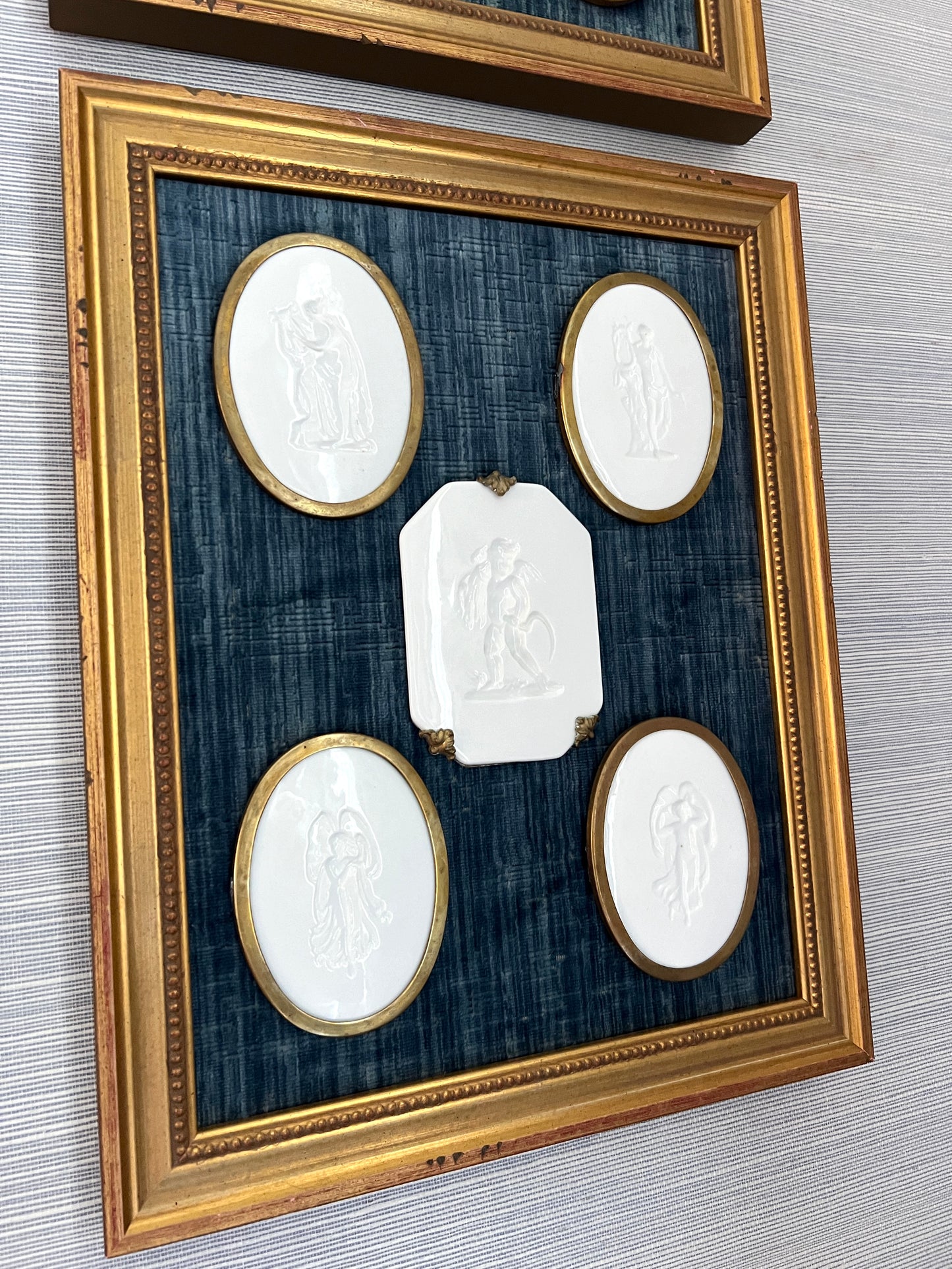 Pair of 10 Gold Wrapped Intaglios on Blue Velvet in Gold Frames