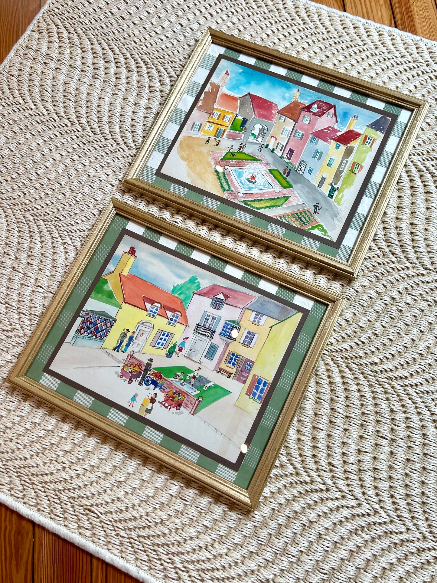 Victoria Donohue Gardens and Fountain Townscape Watercolor Painting on Green Gingham in Gold Frame