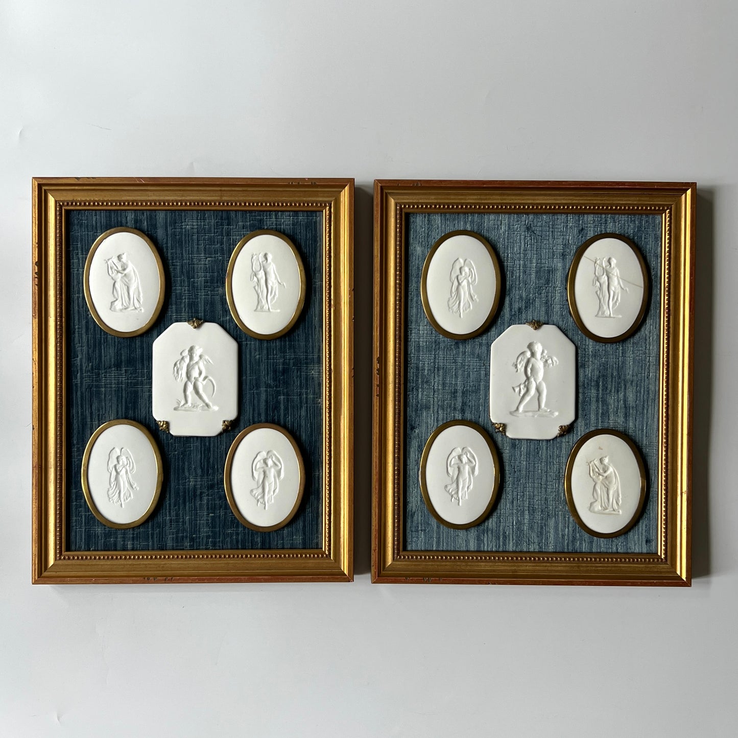 Pair of 10 Gold Wrapped Intaglios on Blue Velvet in Gold Frames