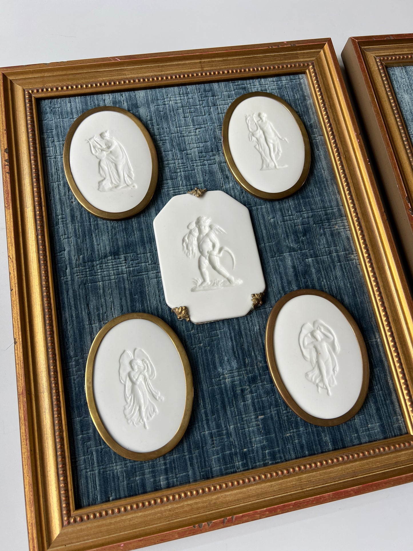 Pair of 10 Gold Wrapped Intaglios on Blue Velvet in Gold Frames