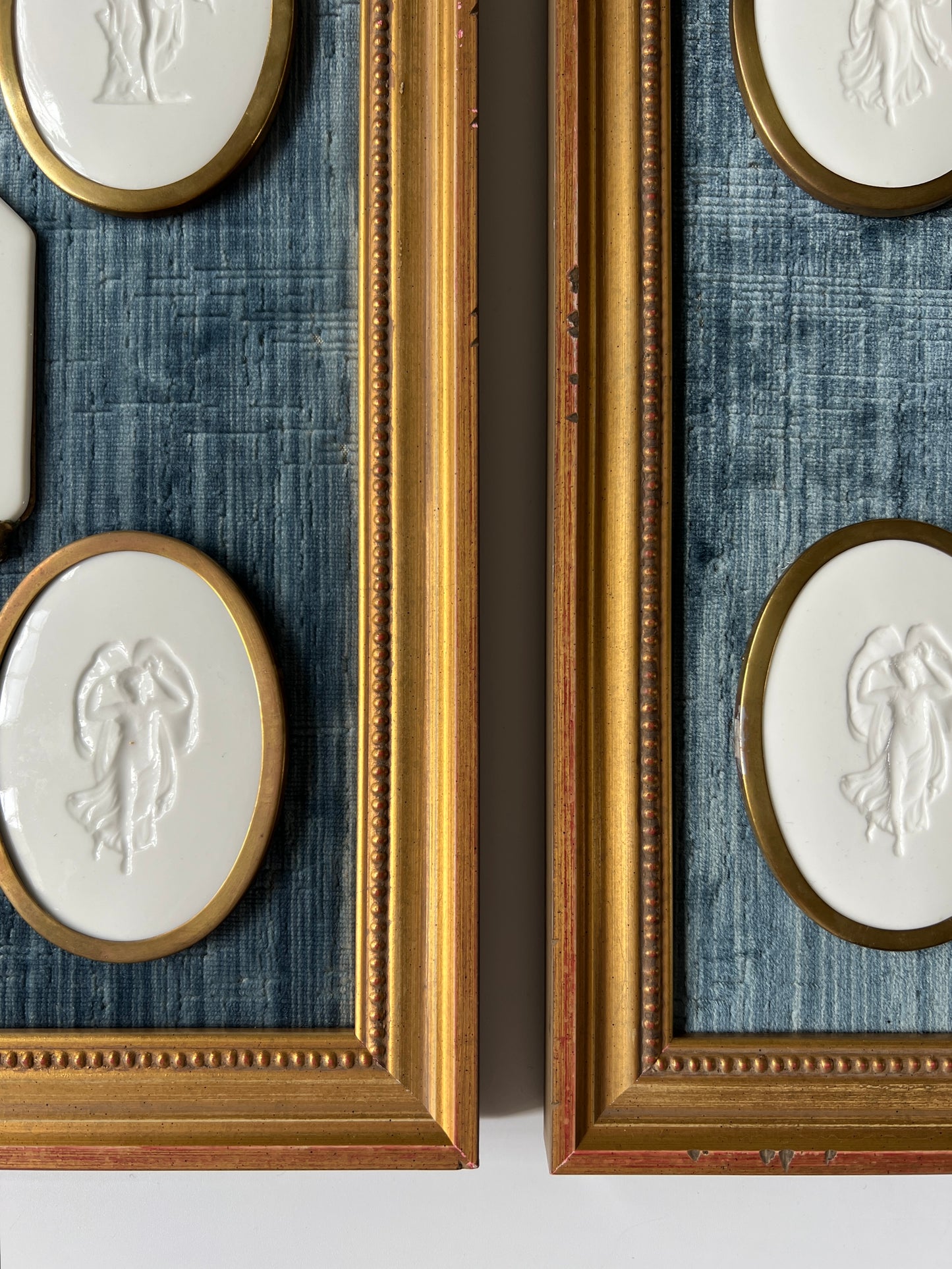 Pair of 10 Gold Wrapped Intaglios on Blue Velvet in Gold Frames