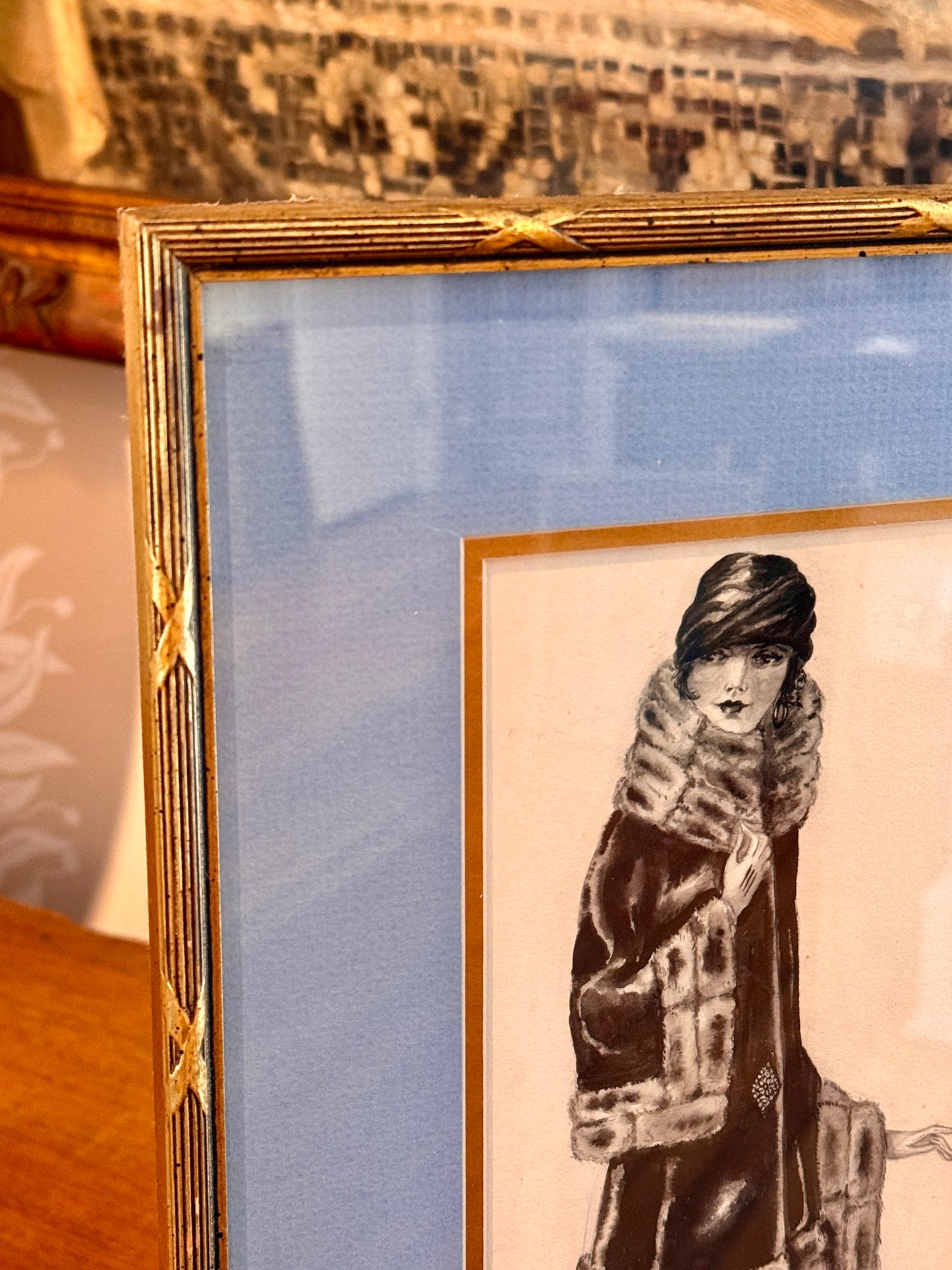 1920s Watercolor Portrait of a Woman in Fur In Gold Frame