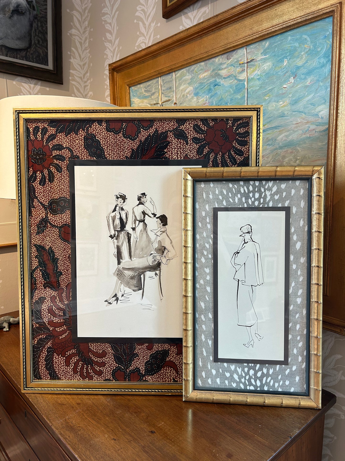 Catherine Figart Vogue Watercolor Fashion Illustration on Gray Antelope Desginer Fabric in Gold Bamboo Frame