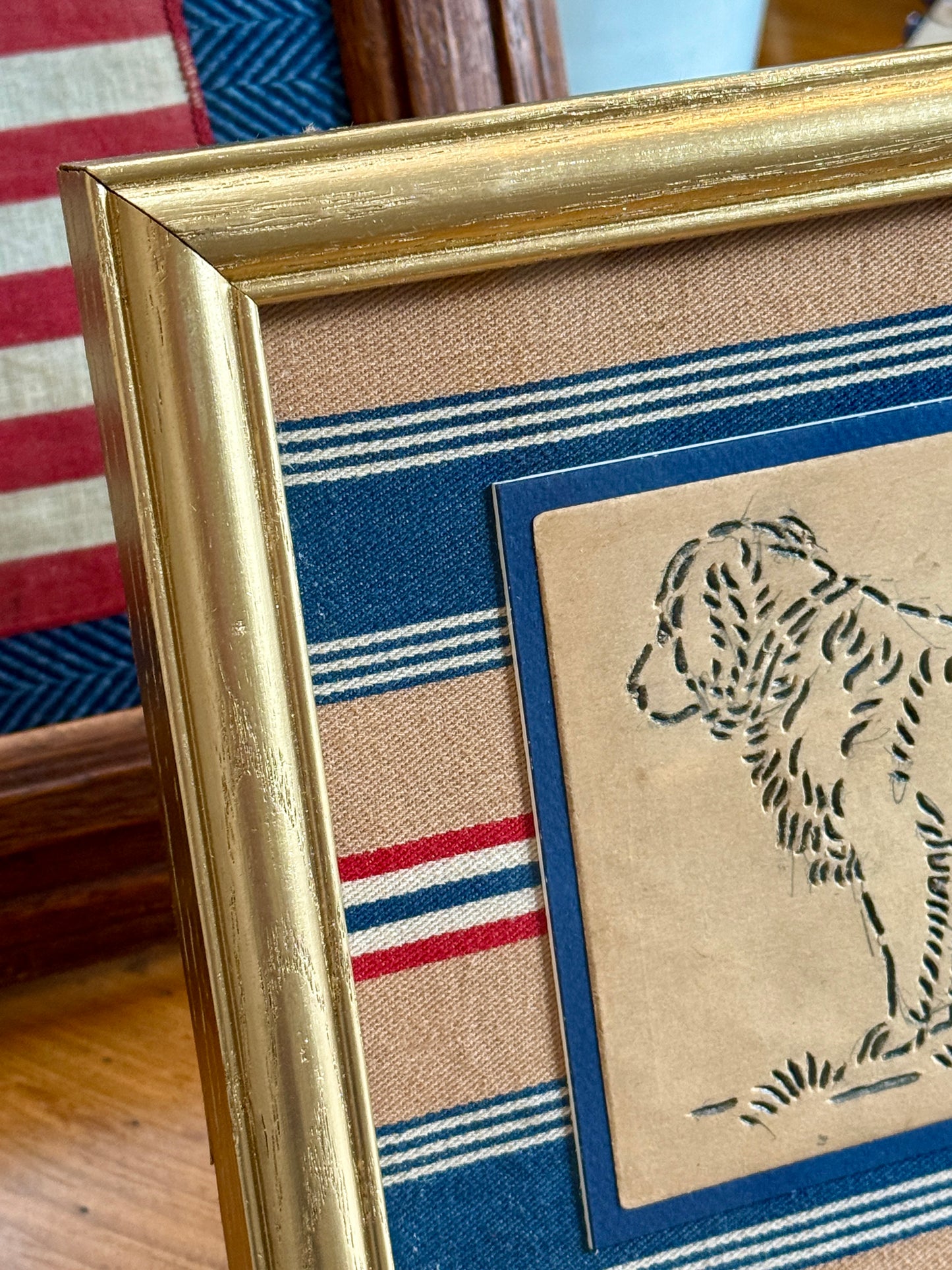 Vintage Retriever Dog Quilting Stencil on Red and Blue Stripes in Gold Frame