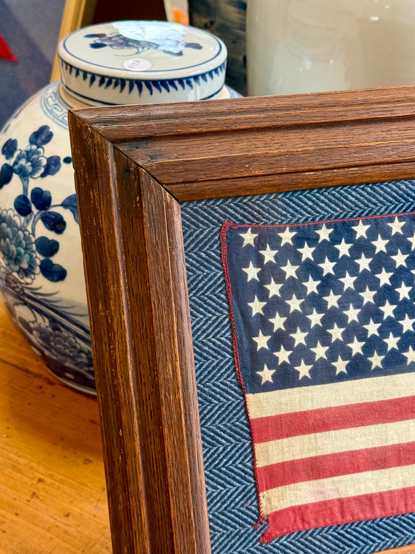 Vintage 50 Staggered Star American Flag on Blue Ralph Lauren Herringbone in Oak Wood Frame