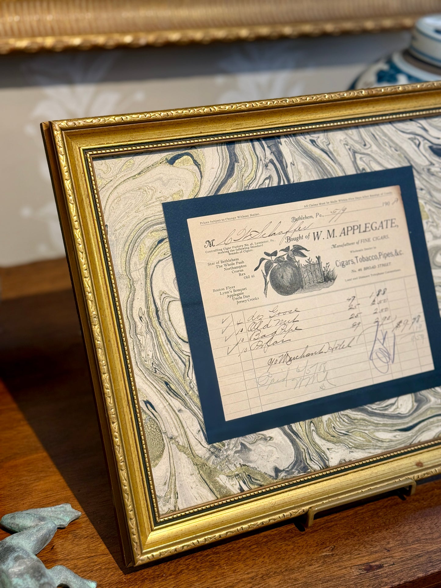 1908 W.M. Applegate Cigar Shop Receipt on Hand Marbled Paper in Vintage Gold Frame